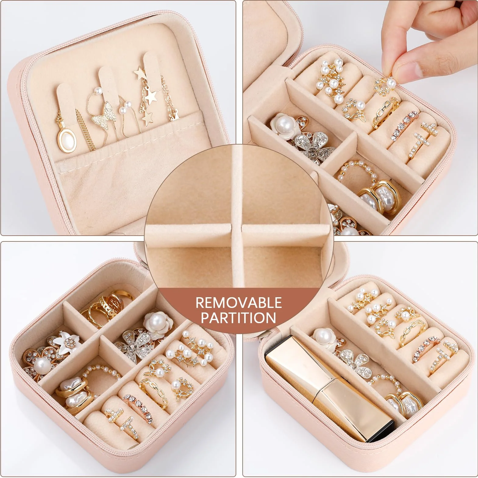 AiQInu Estuche Joyero Pequeño Doble Capa de Viaje para Mujeres, Organizador de Cuero PU para Anillos Pendientes Collar