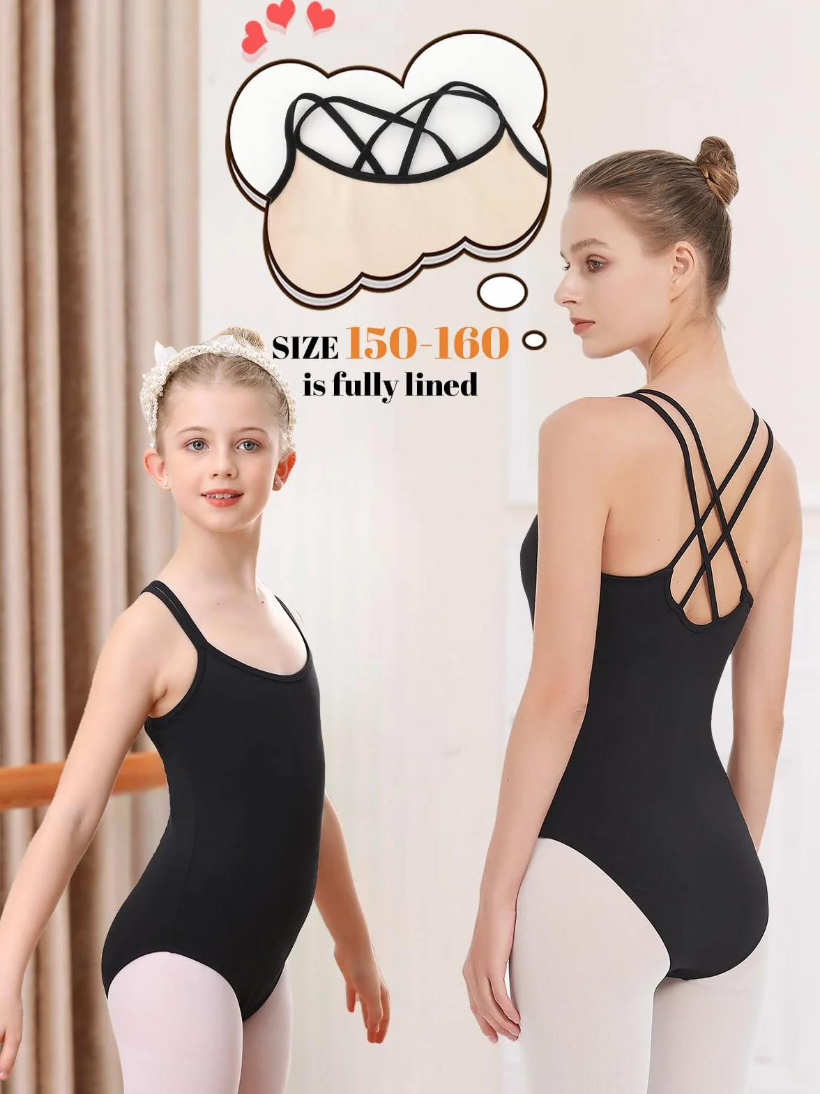 Leotardo Negro Ballet para Niñas 3-13 Años Ropa de Baile Gimnasia
