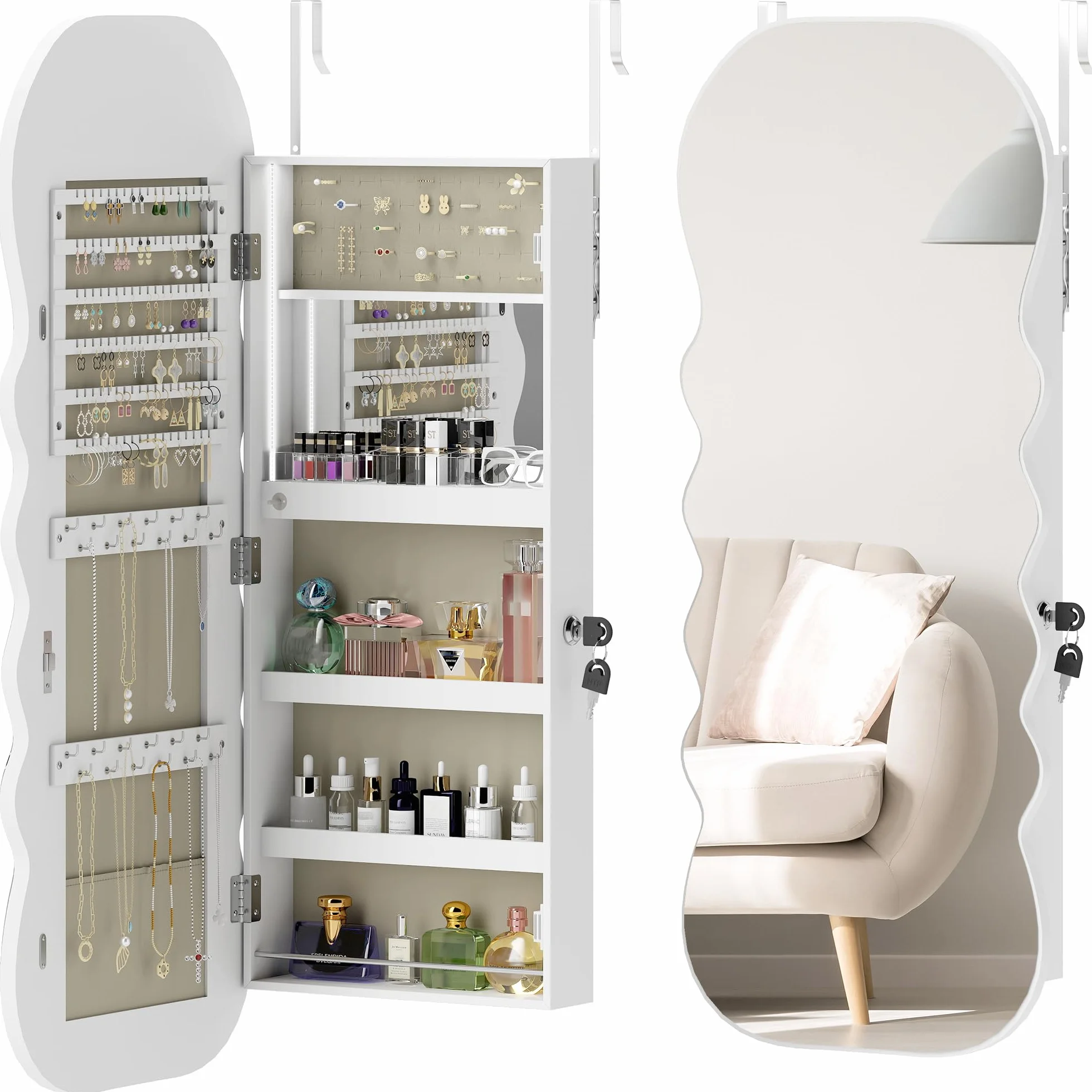 HOMCOM Espejo Joyero con Luz LED 3 Colores, Armario para Joyas Montado en Pared, Espejo Entero, Blanco