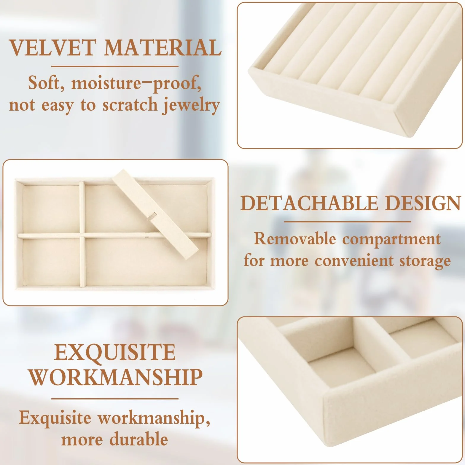 SUKARNE 6 bandejas para joyas, terciopelo para cajones, organizador de joyas apilable, cajón de almacenamiento para pendientes, anillos, pulseras, broches, collares (beige)