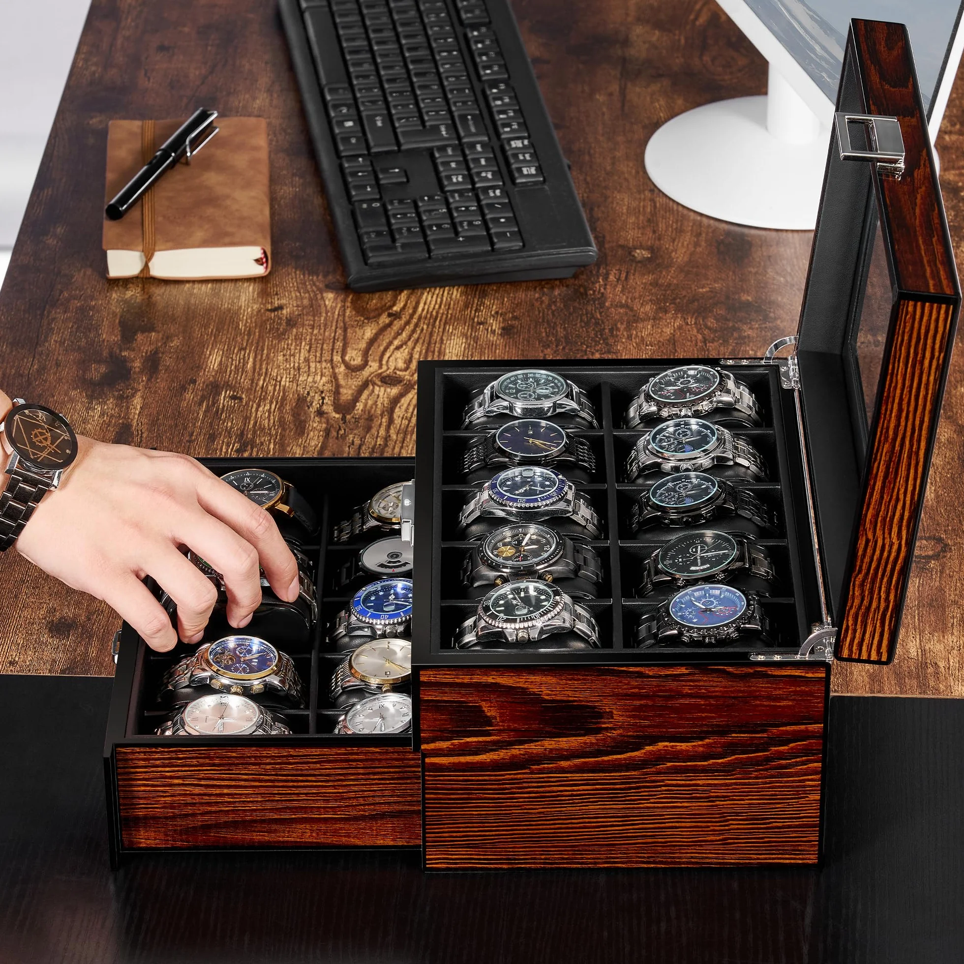 BEWISHOME Caja de Relojes con 20 Compartimentos, Relojero Organizador Hombre, Tapa de Vidrio, Cierre Metálico