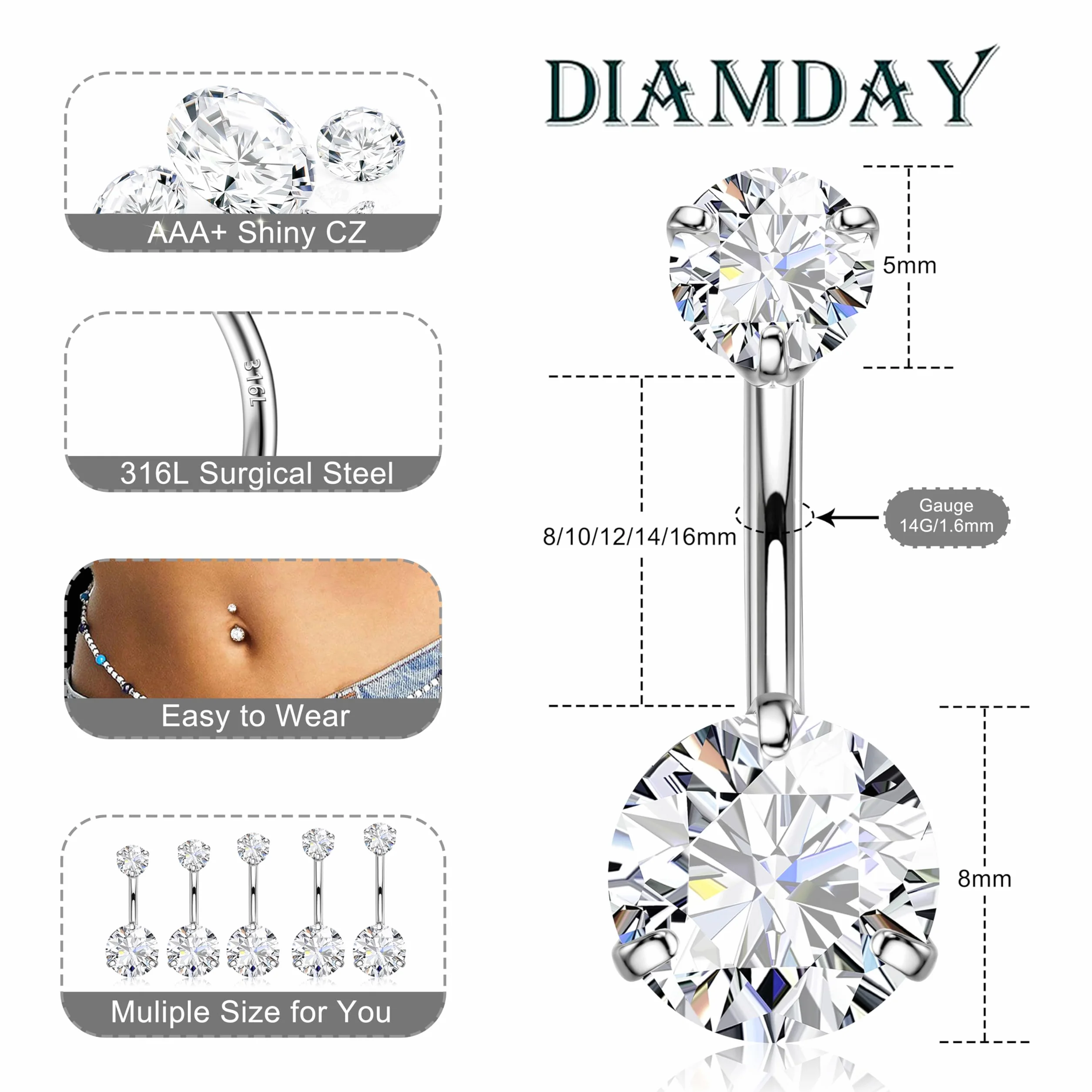 Piercing Ombligo 316L Acero Quirúrgico 14G CZ Anillos Barretta Banana Vientre Joyería para Mujeres Hombres 8-16mm