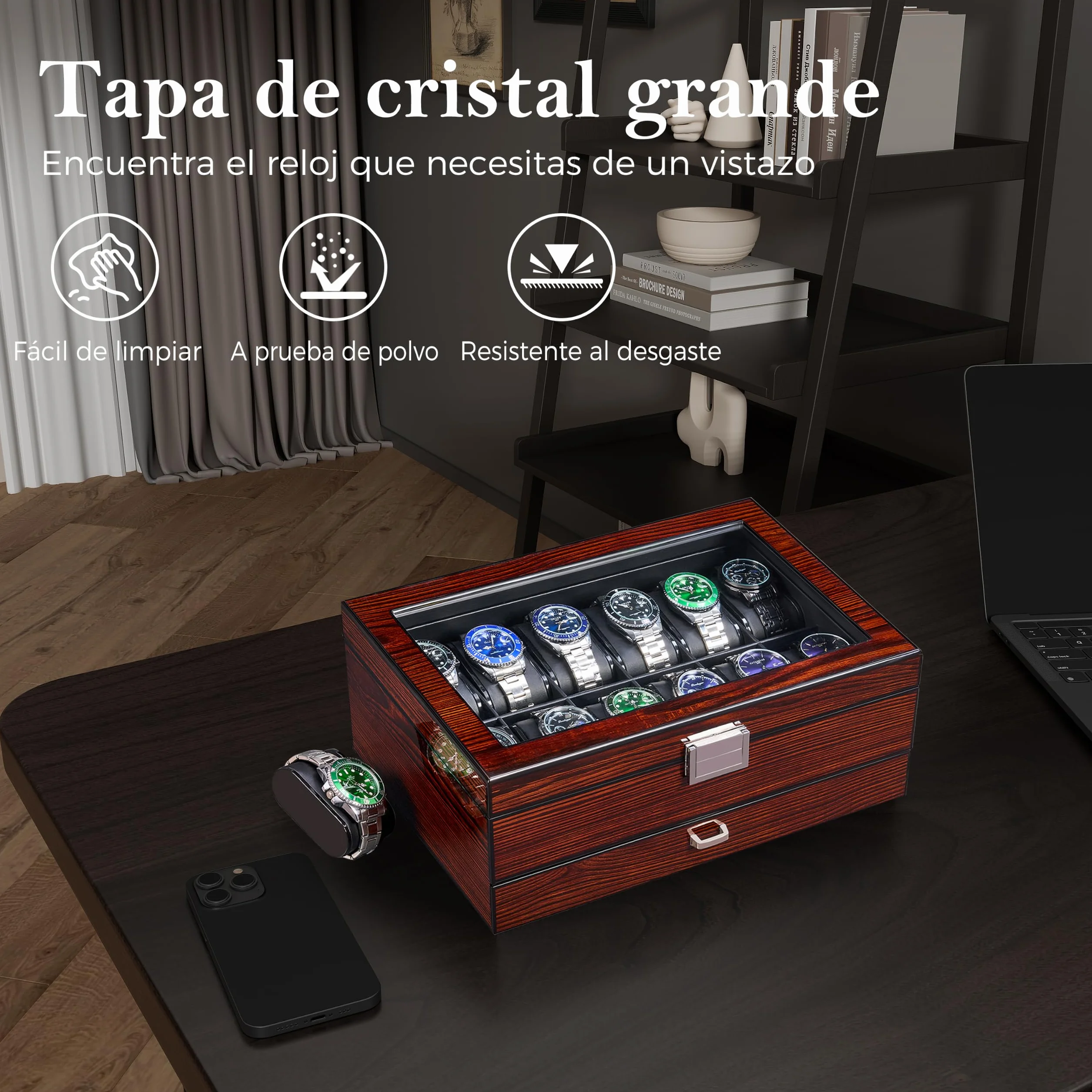 BEWISHOME Caja para 12 relojes de lujo con tapa de cristal y bisagra de metal, marrón