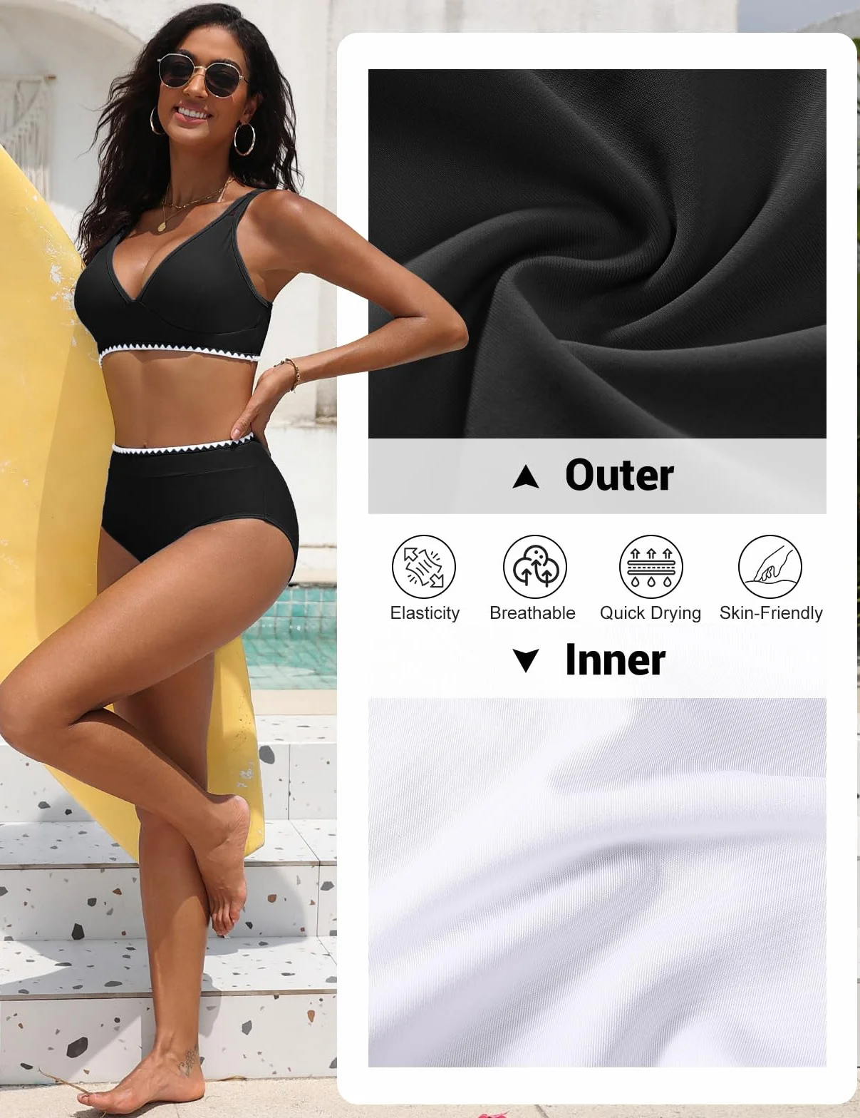 Bikini Mujer Cintura Alta Push Up Cuello En V Bañadores 2 Piezas Pliegues Reductores Control Abdominal