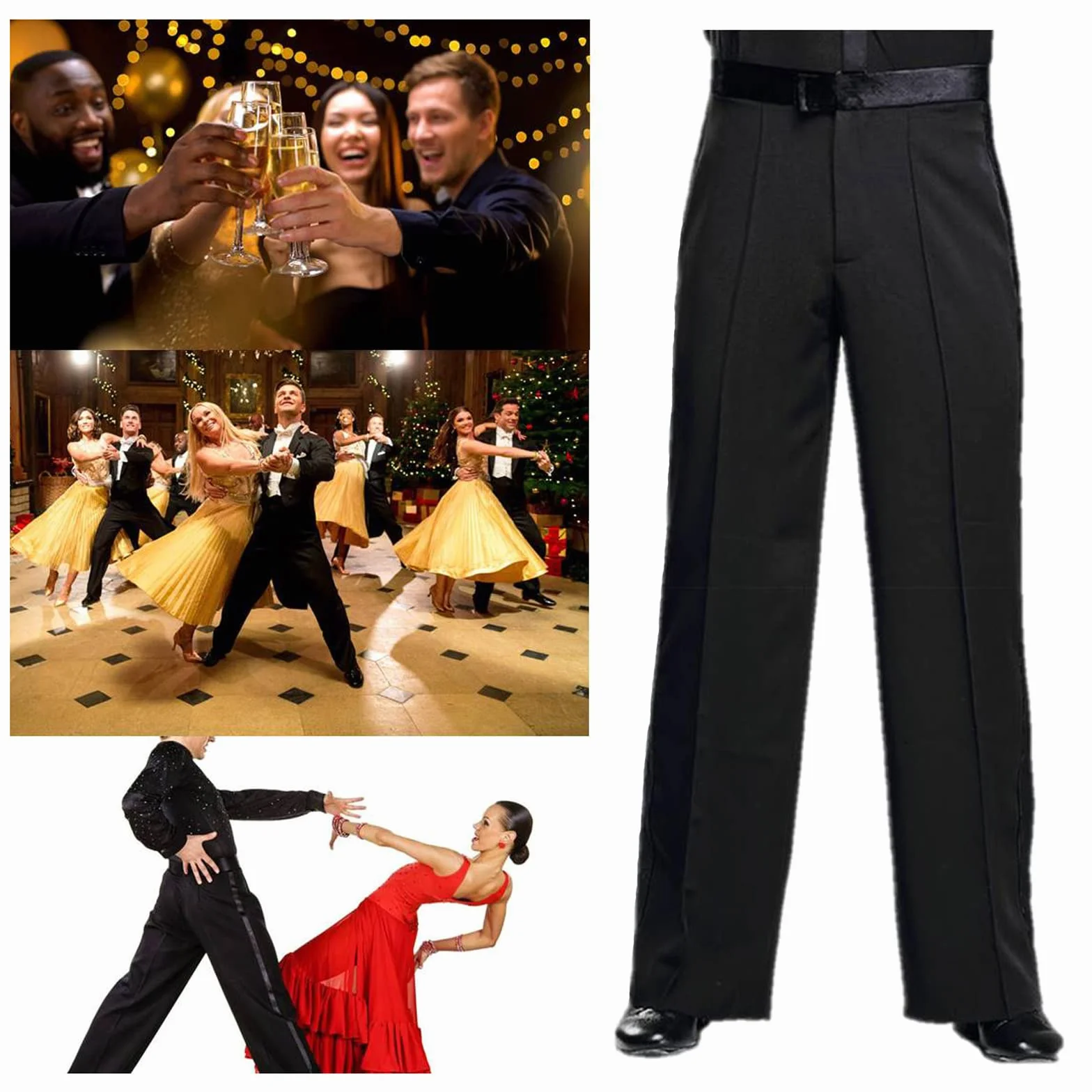 Pantalones de salón de baile latino para hombre, cintura elástica, color negro