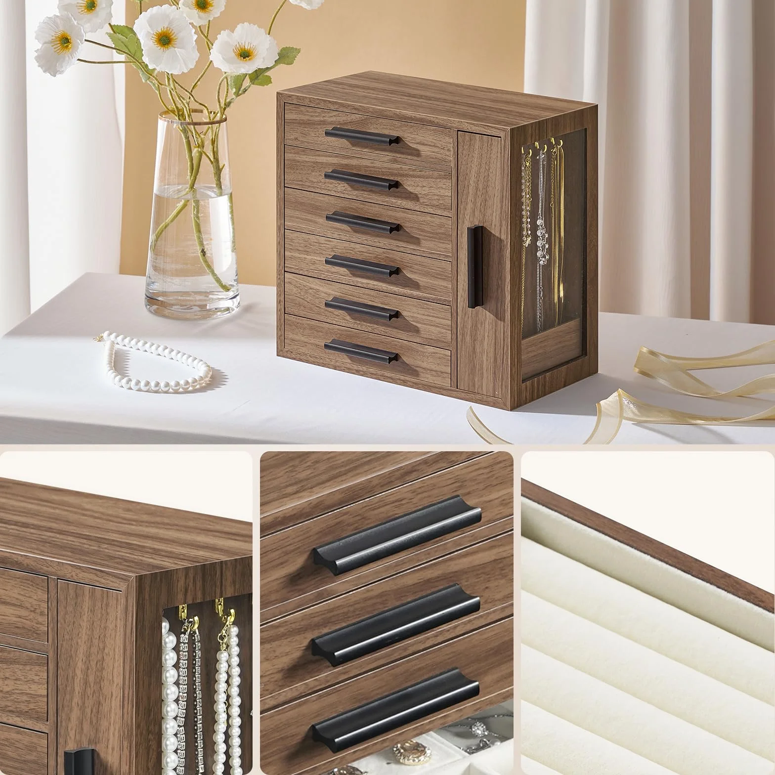HOOBRO Caja Joyero de Madera 6 Niveles con Ventana Lateral Nogal y Negro