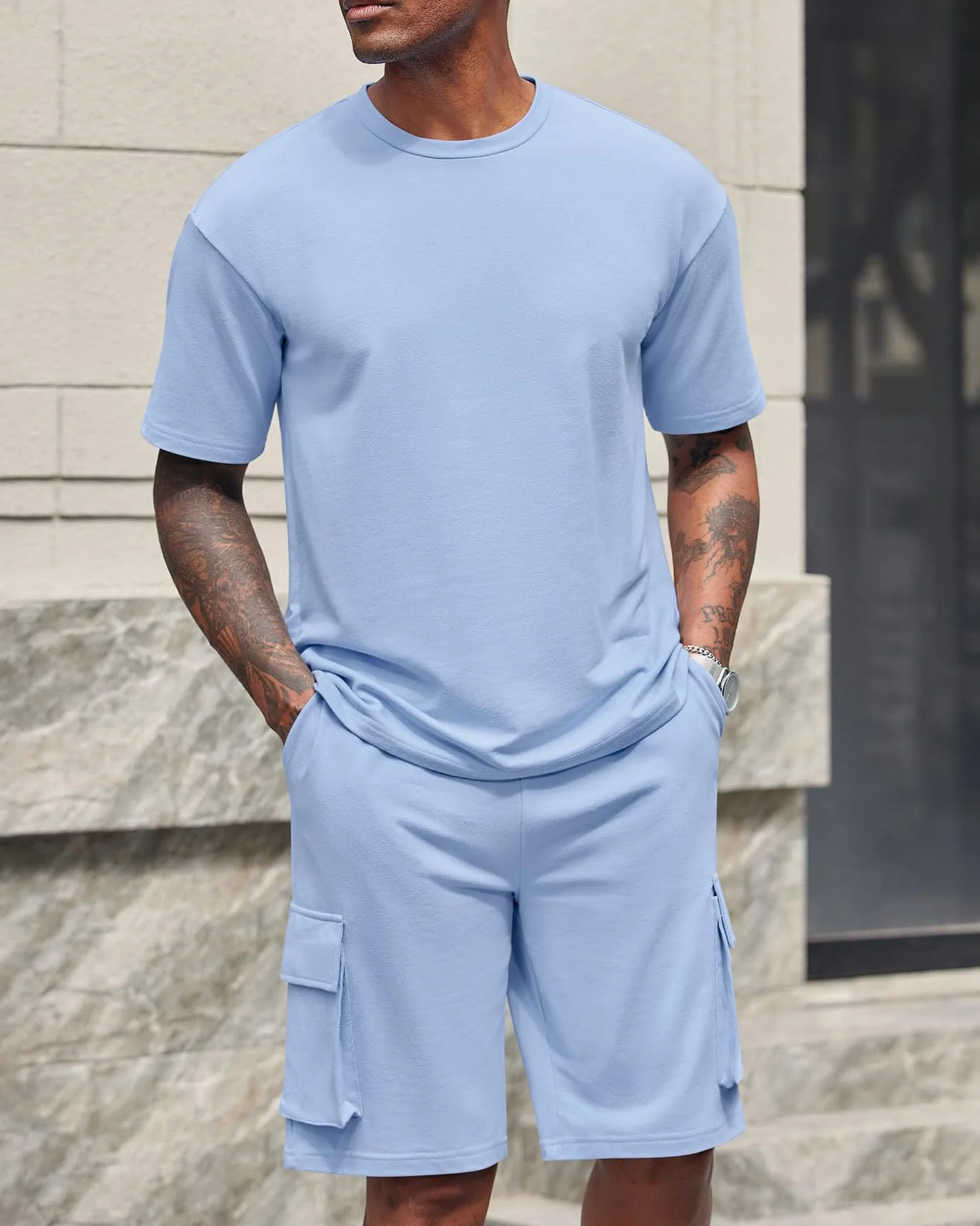 Conjunto de Verano Hombre 2 Piezas Chándal Camiseta Manga Corta Pantalones Cortos Cargo