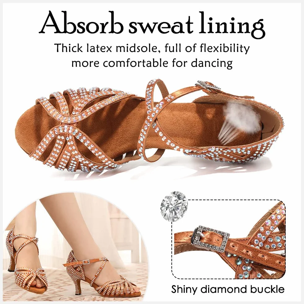 HIPPOSEUS Zapatos de Baile Latino para Mujer con Pedrería Moderna Salsa y Bachata L380