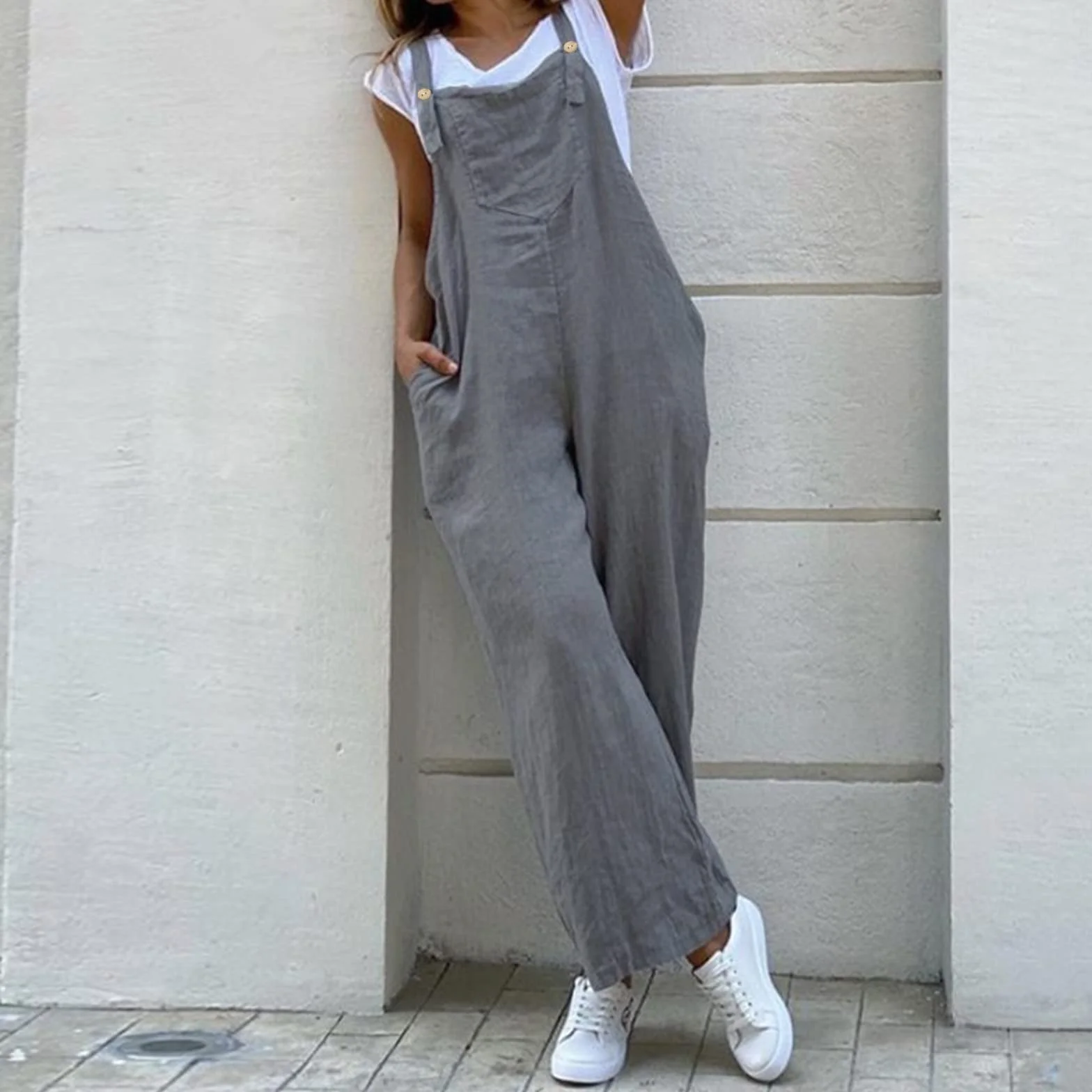 Mono de verano para mujer, ancho, holgado, peto de algodón con bolsillos, elástico