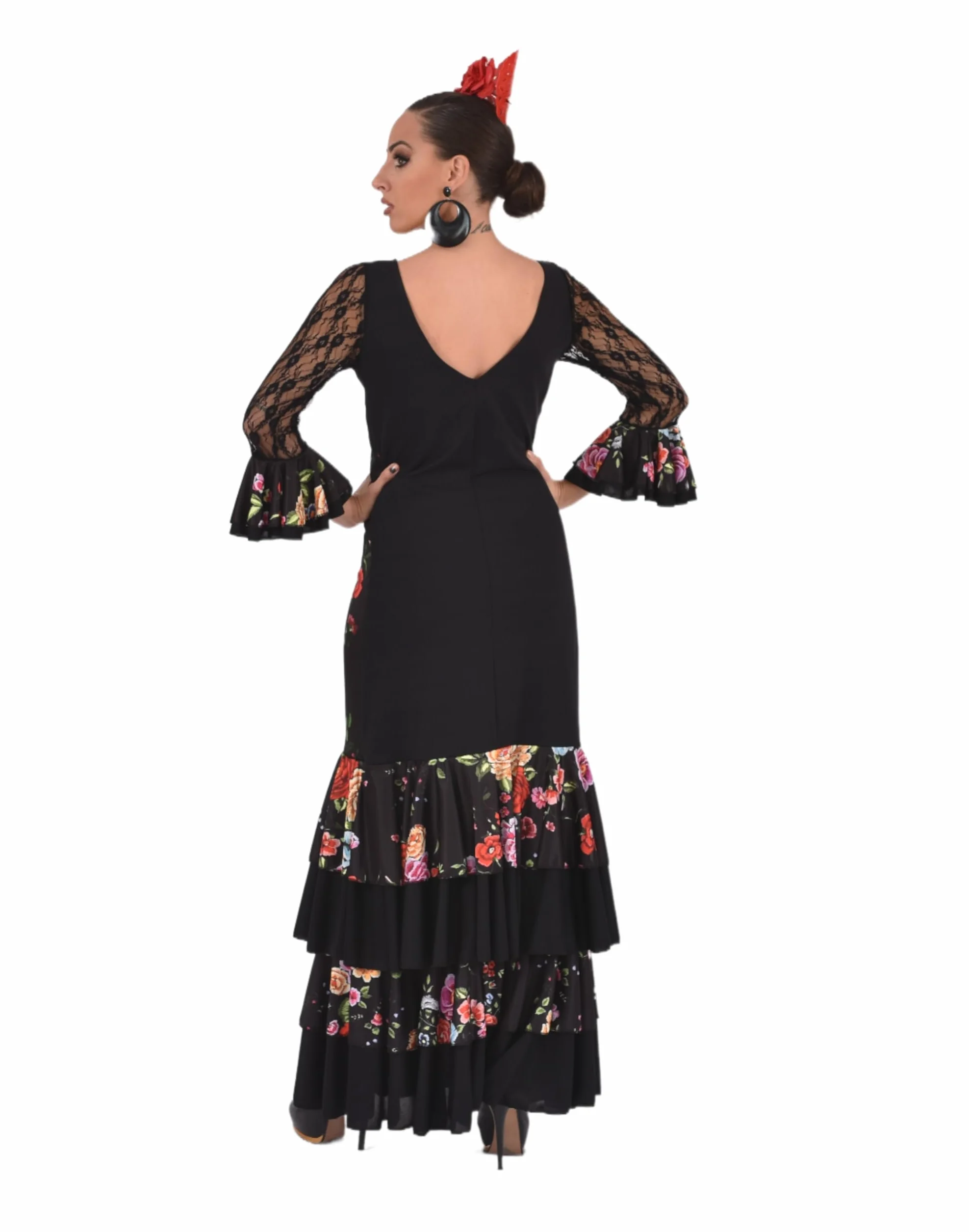 Vestido Flamenco Mujer con Volantes Traje Feria Sevillanas Mangas Encaje Estampado Floral