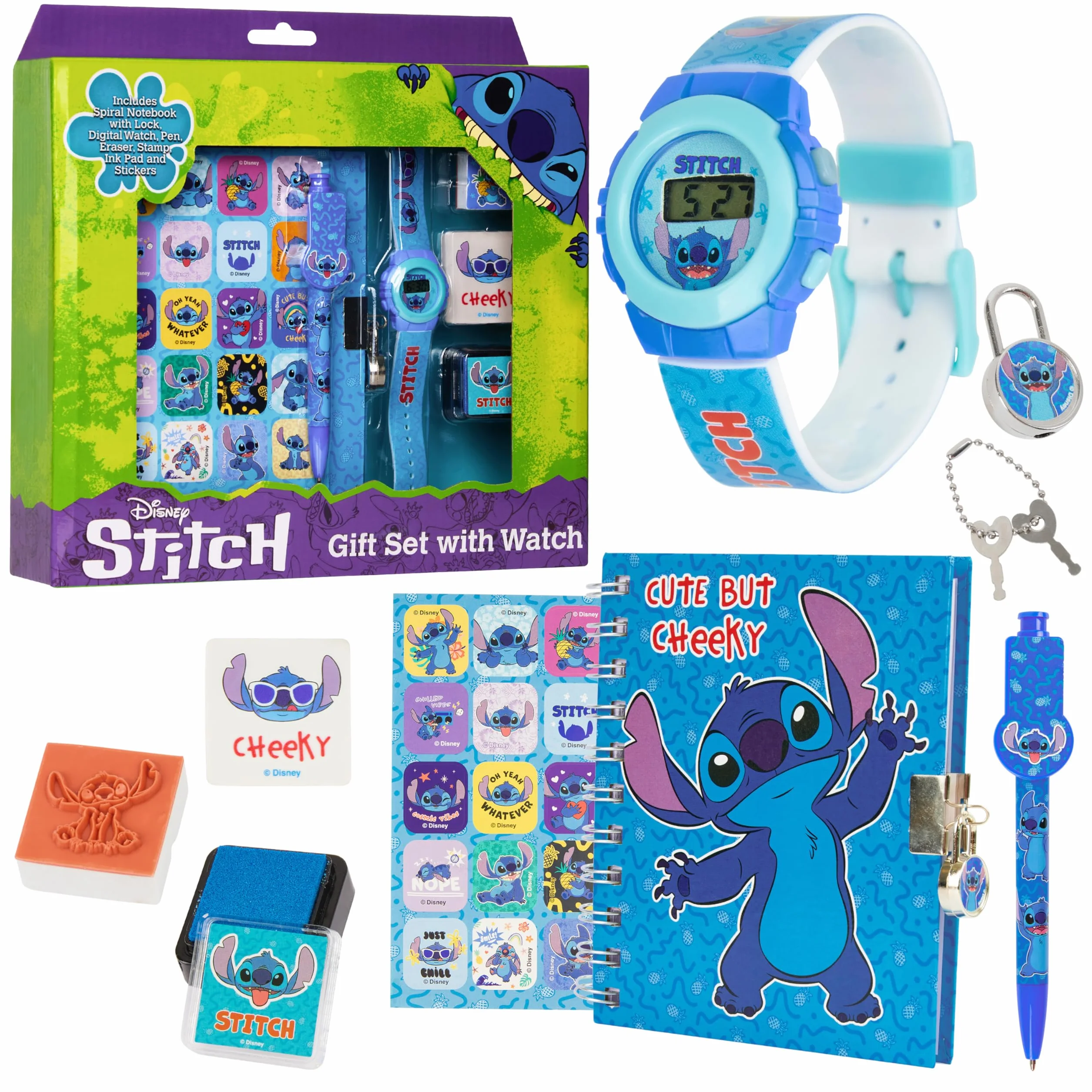 Disney Stitch Set de Regalo con Reloj Digital, Diario con Candado y Boligrafo