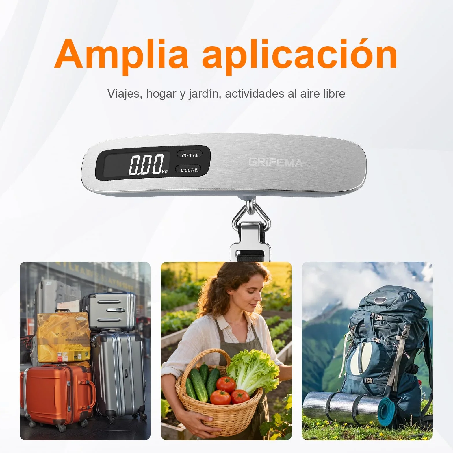 GRIFEMA GA2006 Báscula Maletas Viaje Portátil, Báscula de Equipaje con Pantalla LCD, 110 lb/50 kg, Plata