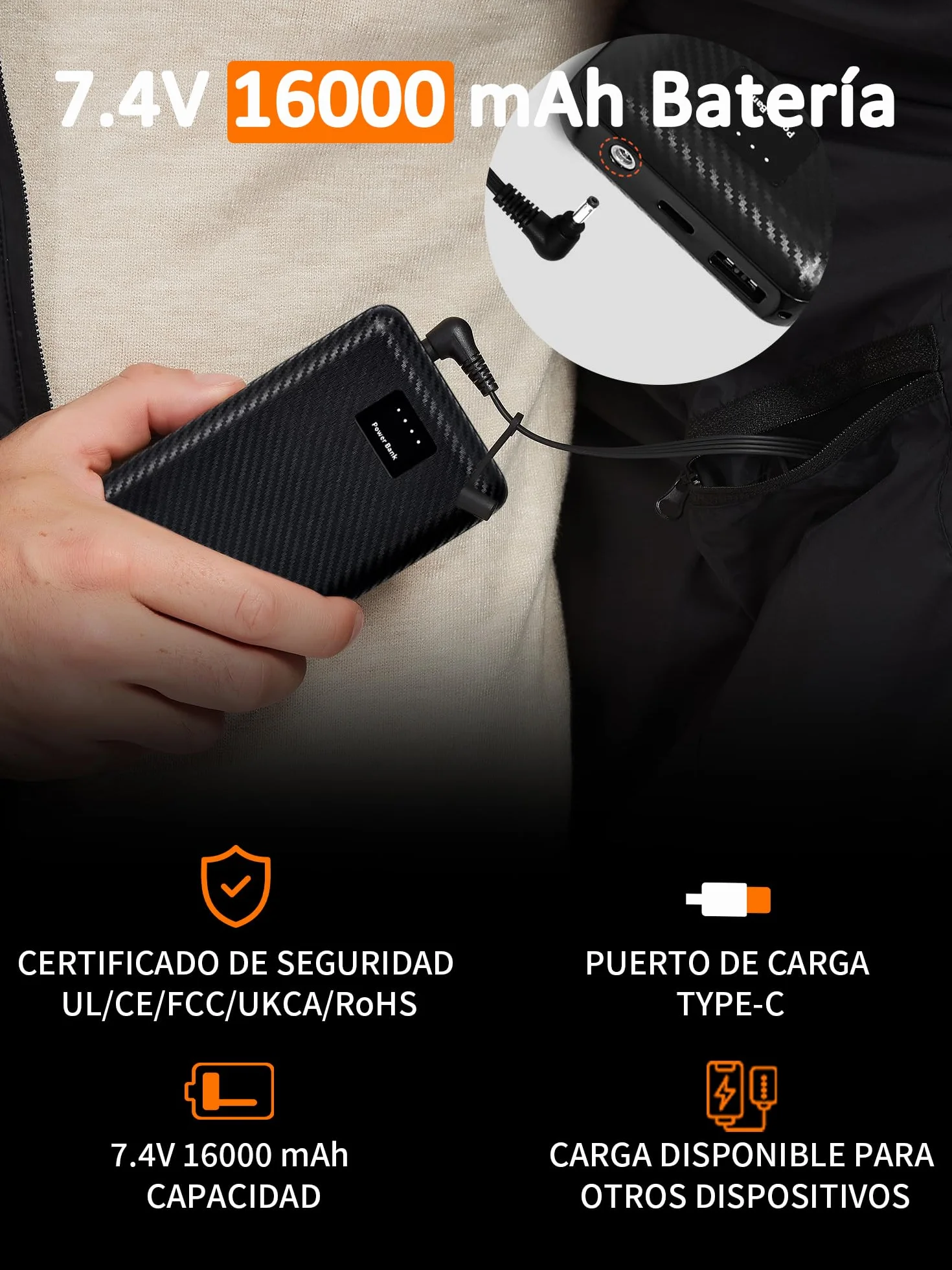 Chaqueta Calefactable 7.4V 16000mAh 7 Zonas de Calor Hombre Mujer con Capucha