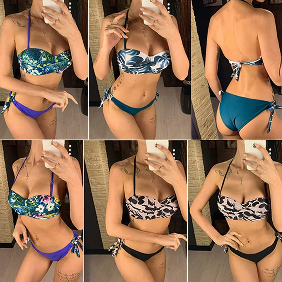 CheChury Bikini Mujer Traje de baño Bandeau Brasileño Cintura Alta con Impresión Relleno