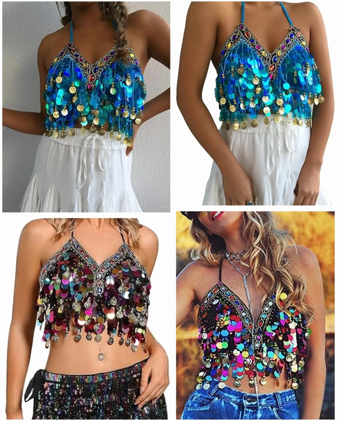 Sujetador con lentejuelas para danza del vientre, top corto brillante cuello halter flecos