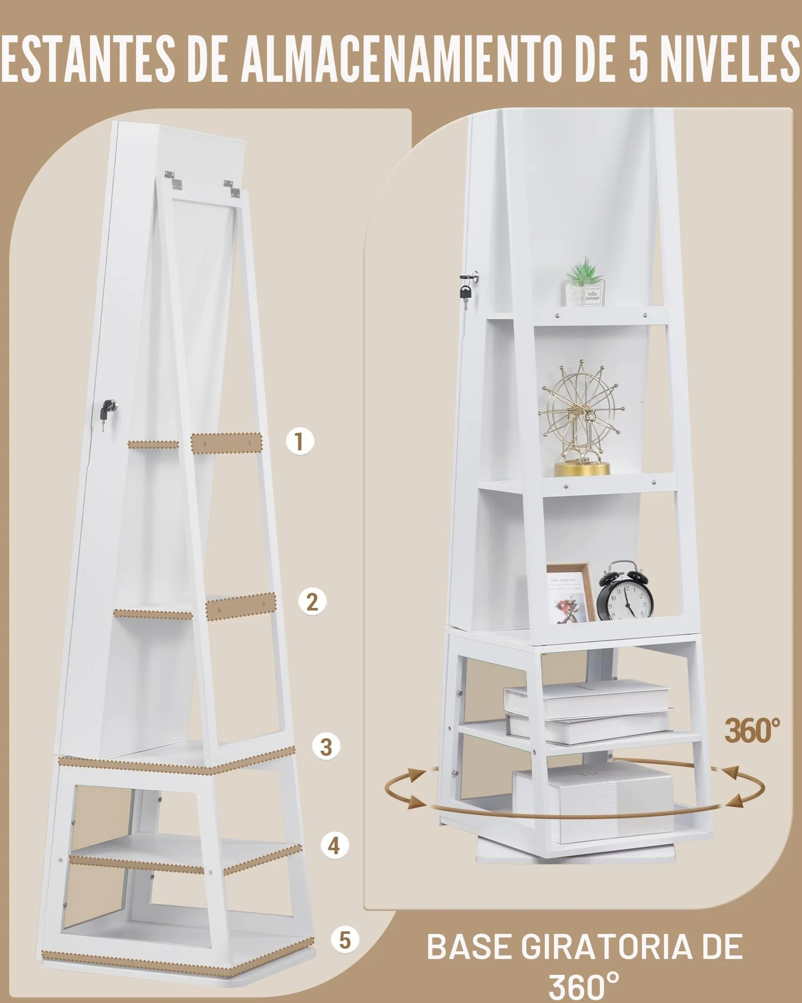 Espejo Joyero con 8 LEDs y Giro 360°, Armario de Almacenaje Blanco Beige