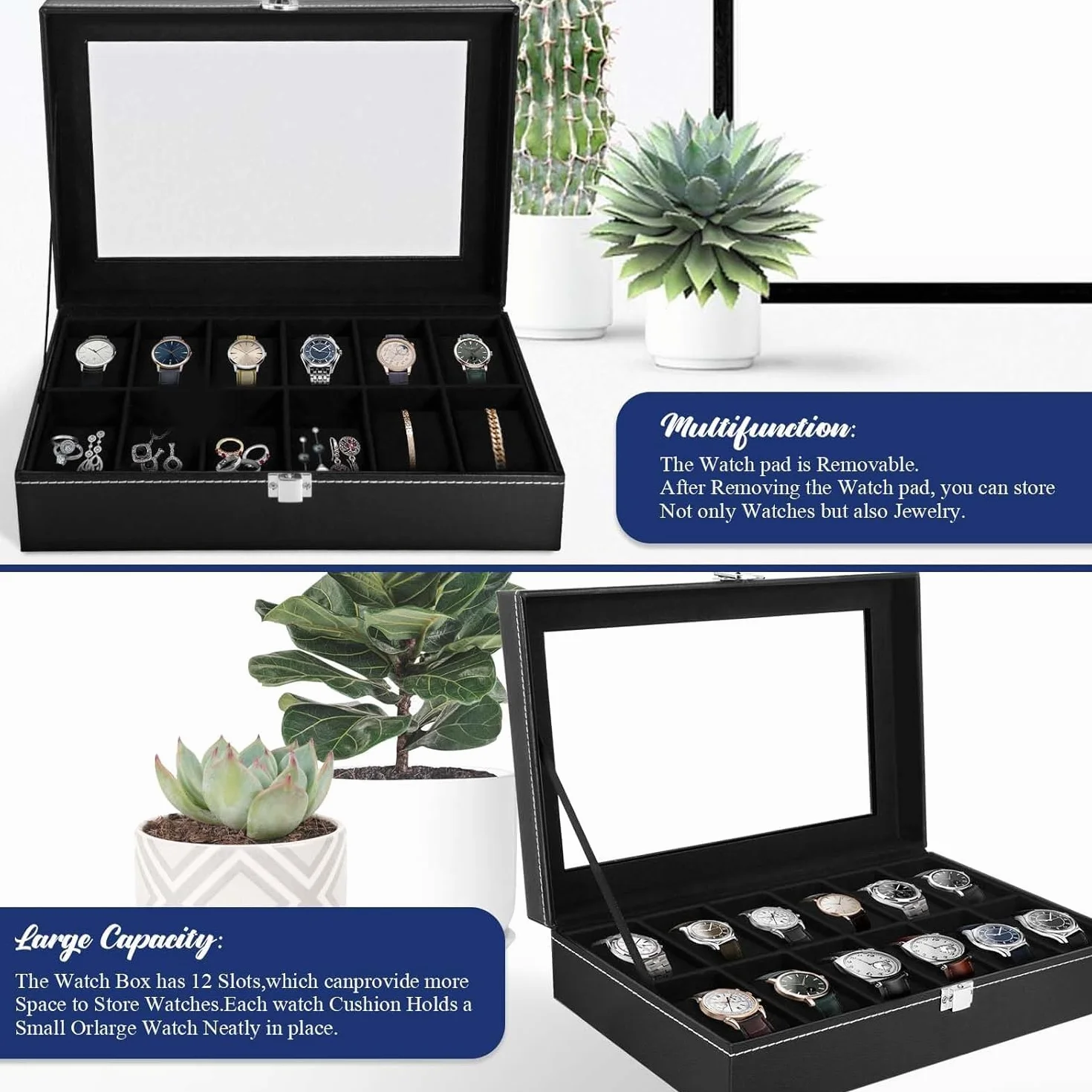 Caja de Relojes con Tapa de Cristal y Cojín Extraíble 12 Ranuras Organizador