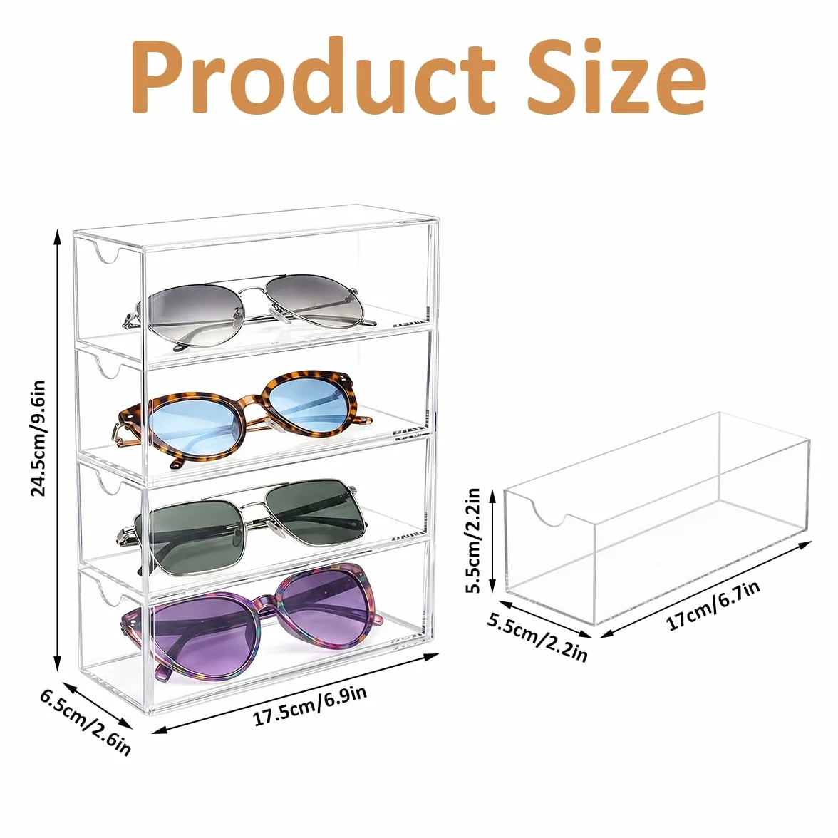 Organizador de Gafas de Sol Acrílico 24,5 x 17,5 x 6,5 cm Caja con 4 Cajones Transparente Apilable