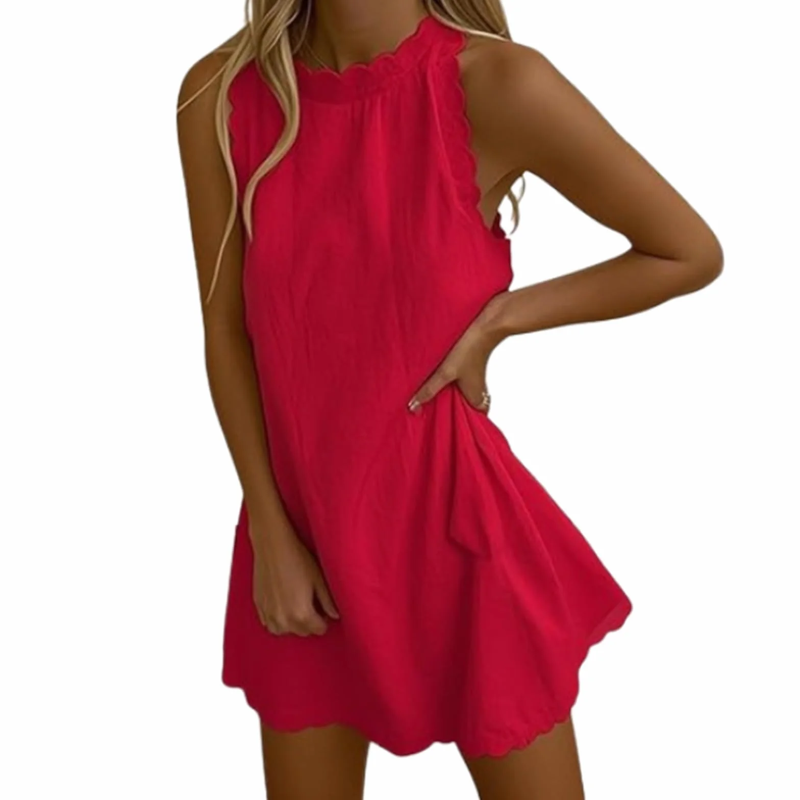 Vestido Playa Lino Elástico Escote V Festoneado Sin Mangas Cremallera Trasera