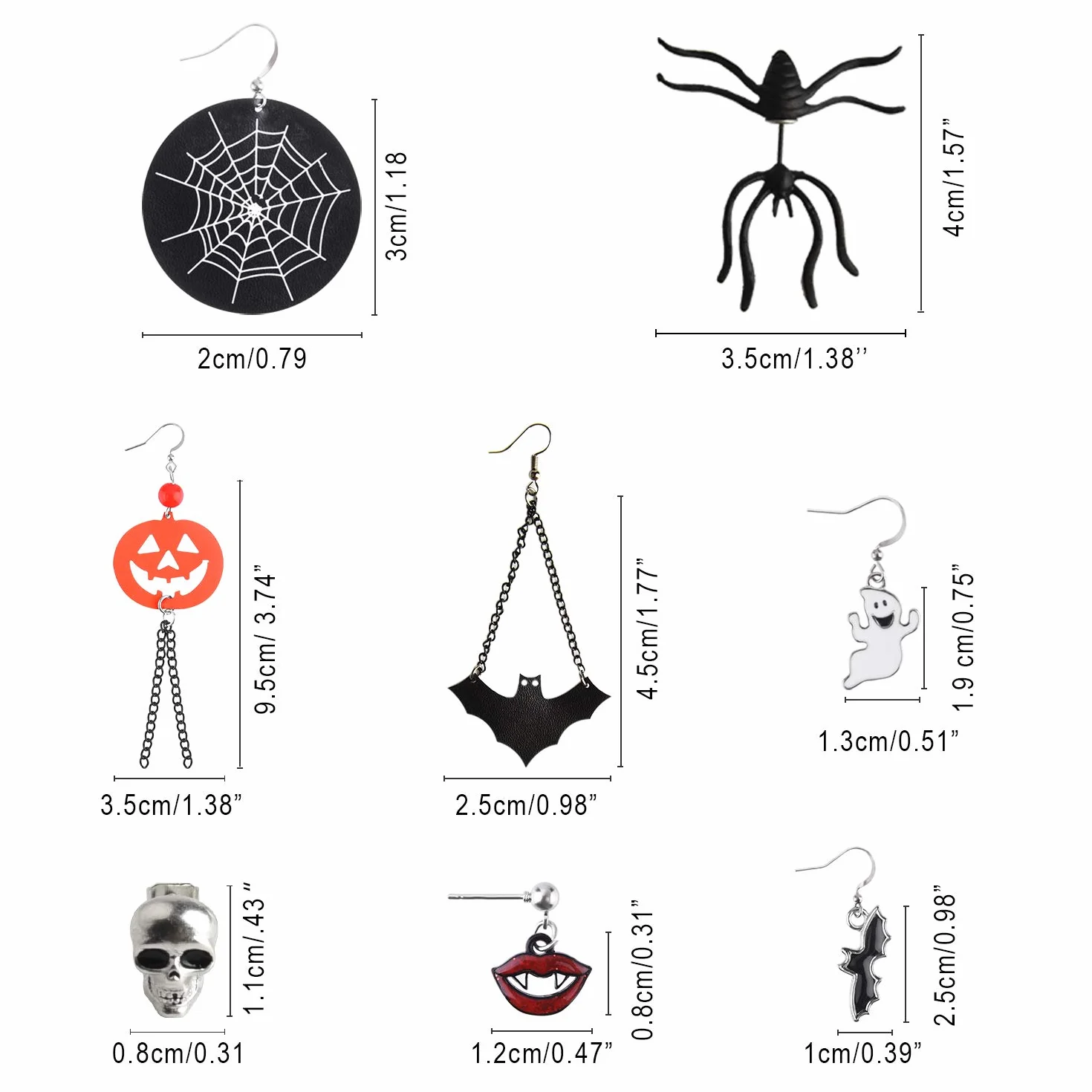 Pendientes Halloween FEPITO 8 pares Conjunto Murciélago Calabaza Araña Fantasma Esqueleto Metal