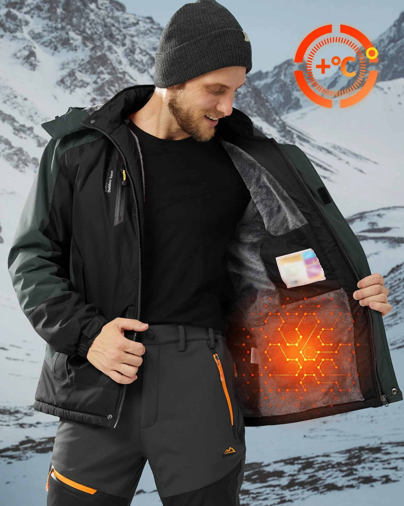 Chaqueta Invierno Hombre Impermeable Esquí con Forro Cálido y Capucha Extraíble