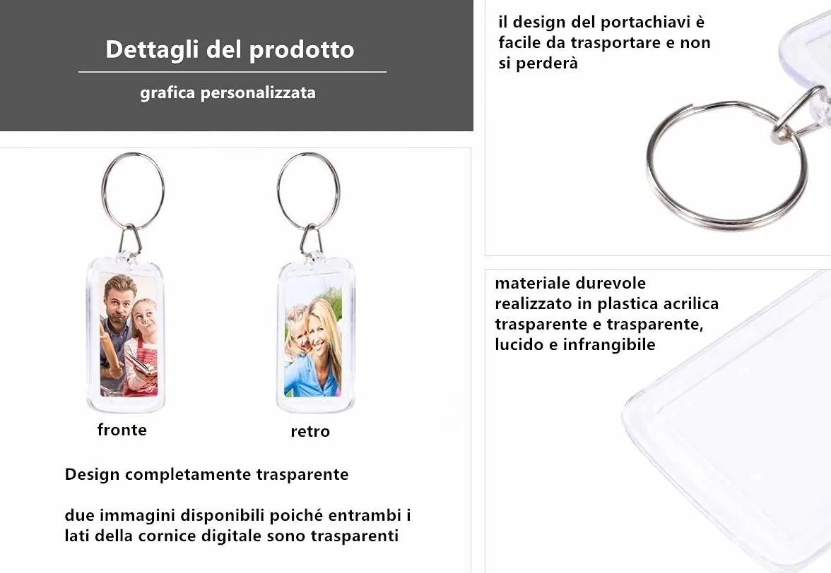 Voarge 10 llaveros acrílicos transparentes para fotos, portarretratos rectangulares 5x3,3 cm, manualidad regalo