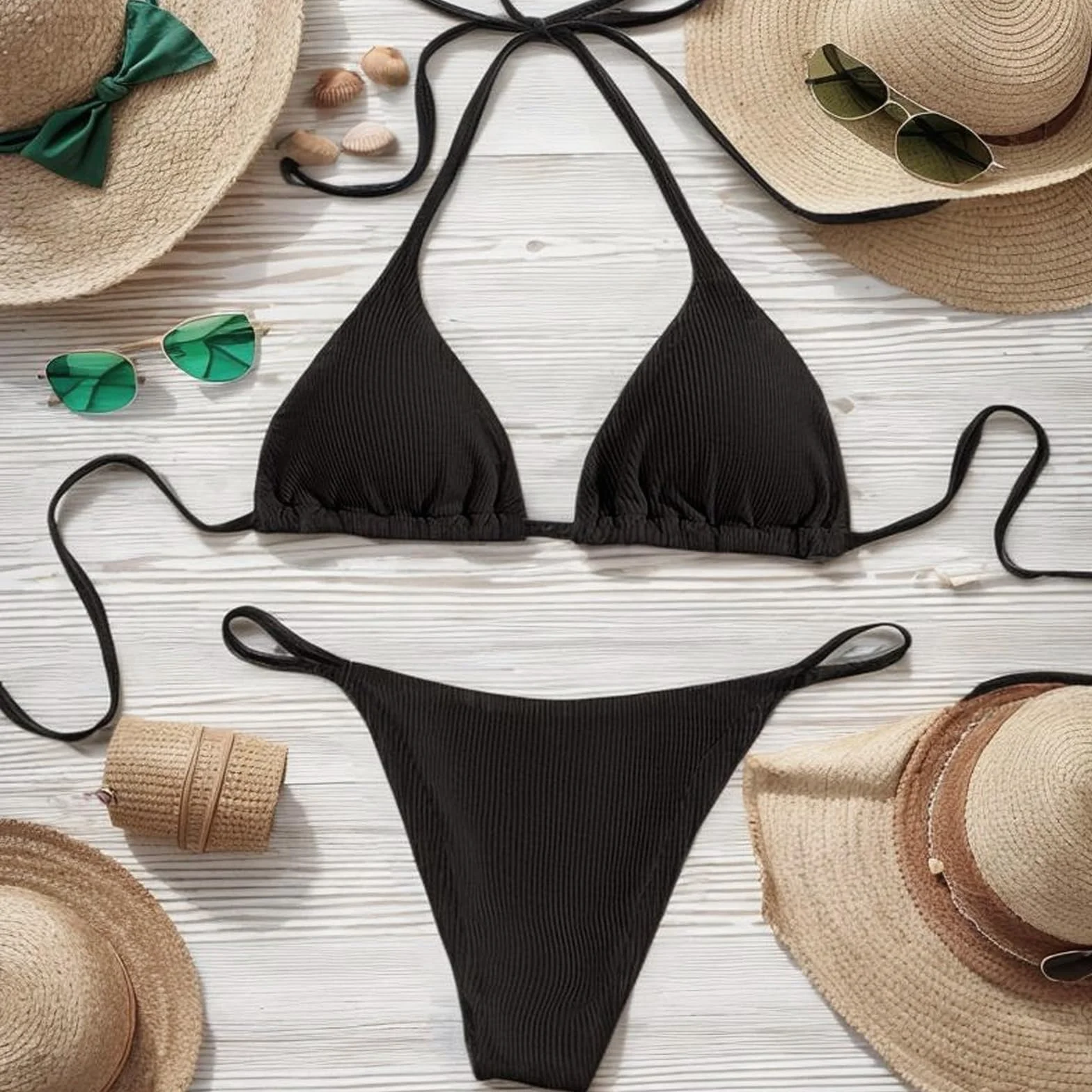 Mujer Bikini Sets Tiras Ajustable Traje Bañador Halter Dos Piezas con Relleno Negro