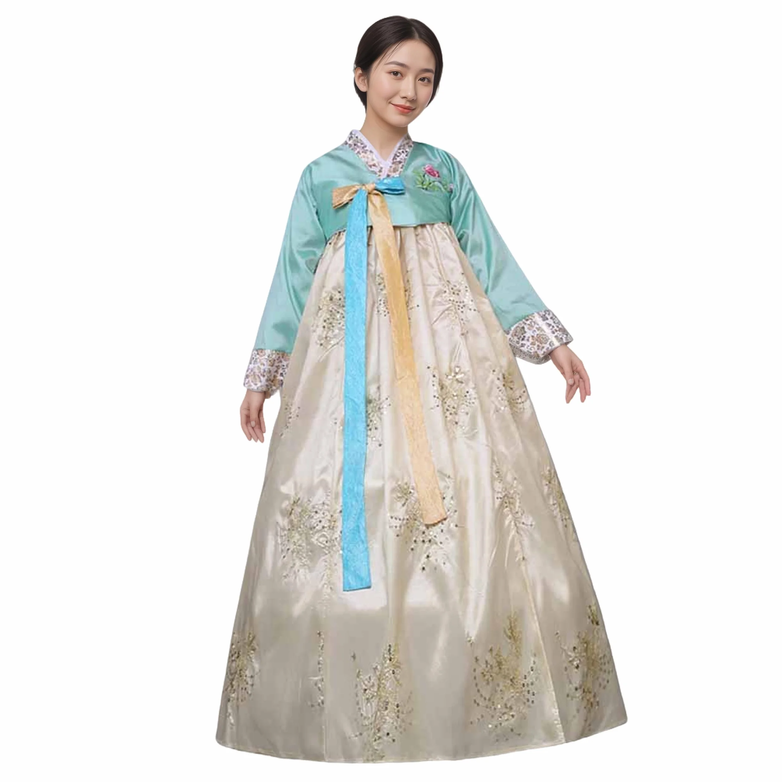 Hanbok tradicional coreano para mujer, vestido de manga larga con bordados florales