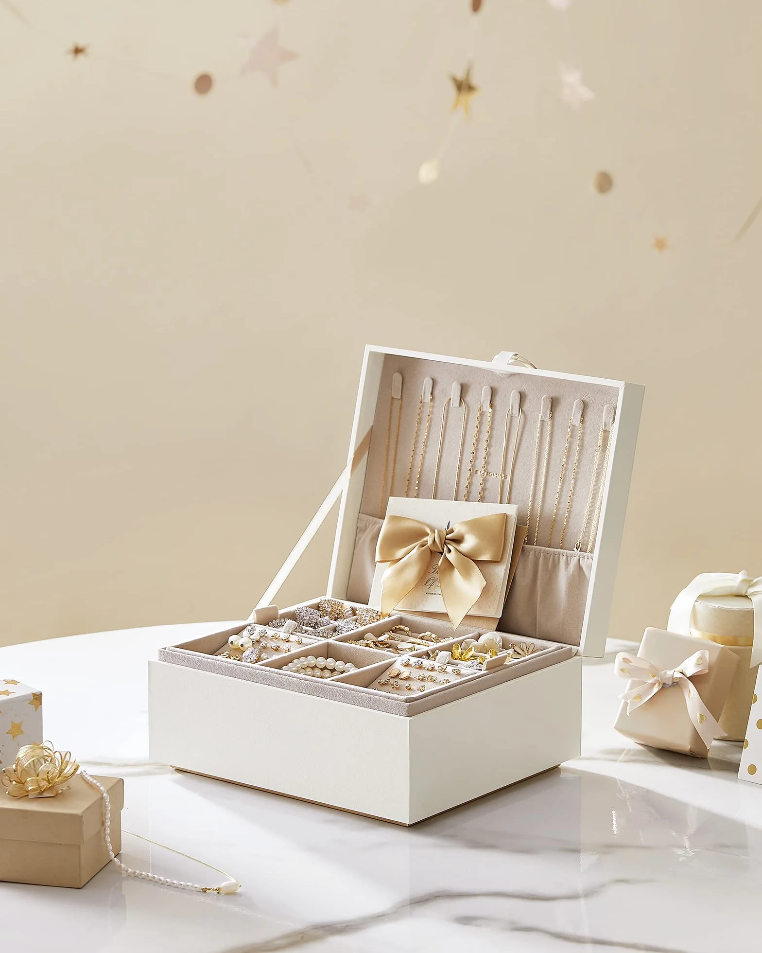 SONGMICS Joyero 2 Capas, Bandeja Flexible para Joyas, Efecto Flotante, 20,5 x 24 x 11 cm, Blanco