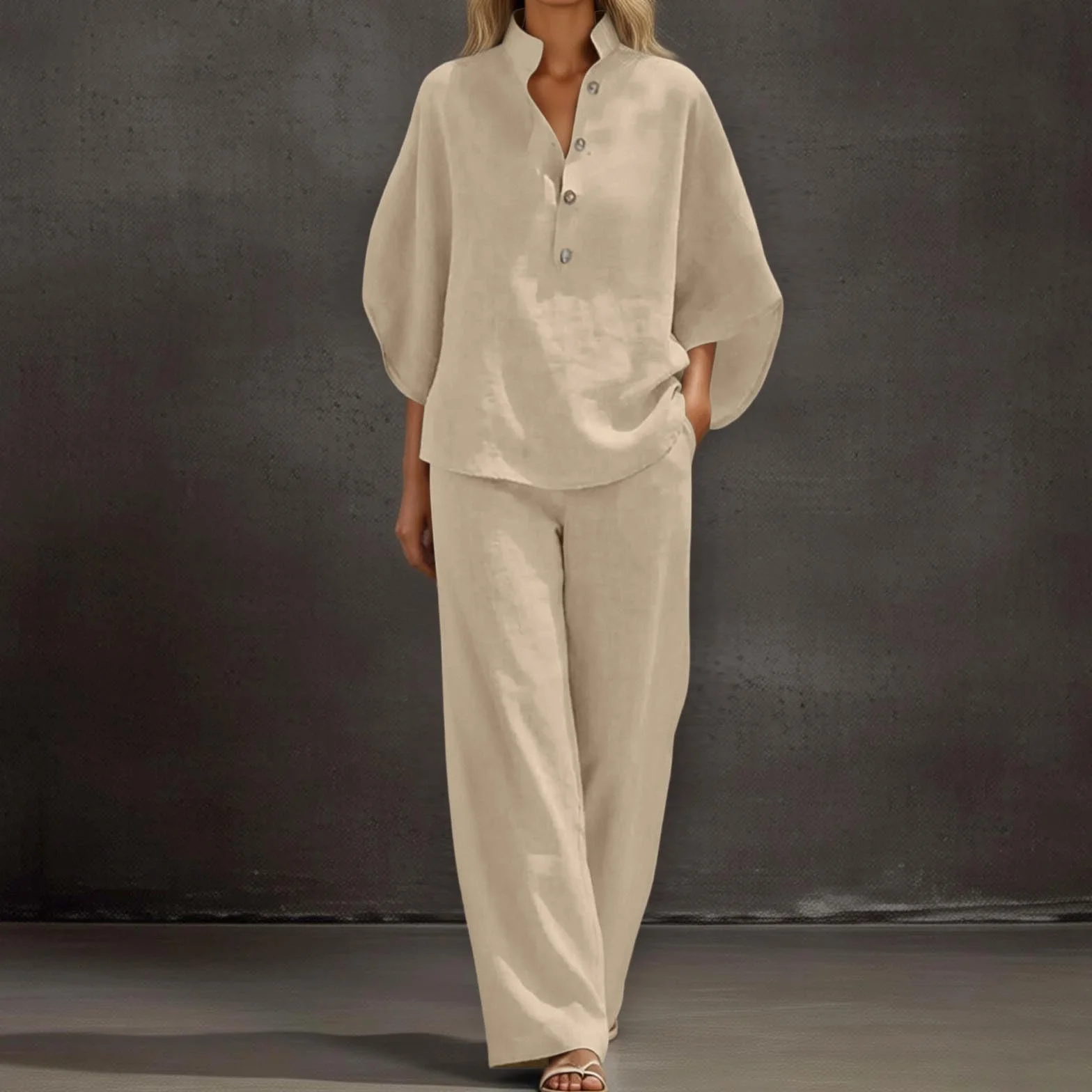 Conjunto Mujer Dos Piezas Verano Elegante Lino Chandal Casual Cómodo Blusa Manga 3/4 y Pantalones Completo Primavera Holgado Talla Grande Conjuntos Deportivos Cuello en V Playa Chándal Vacaciones