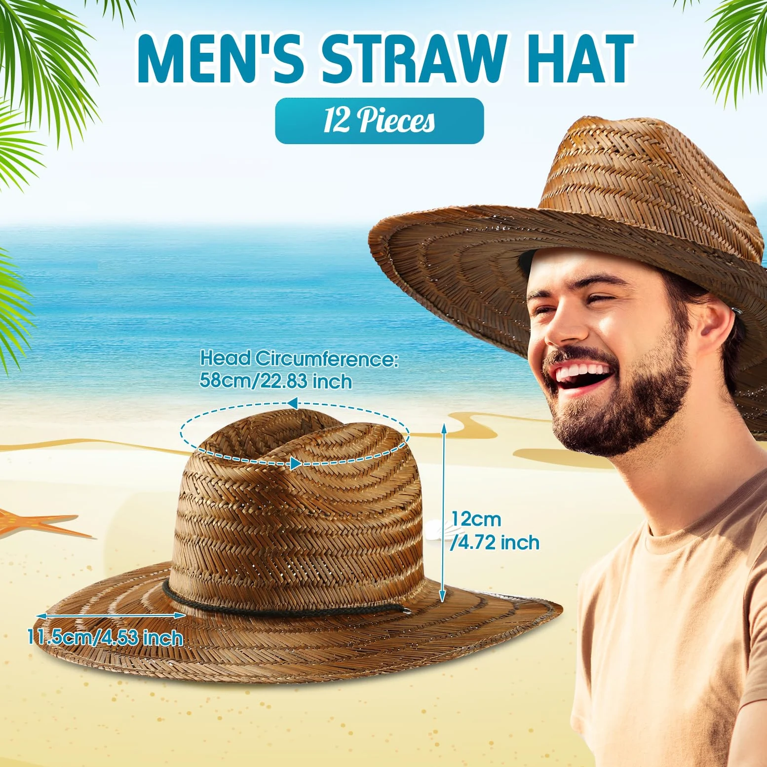 Funtery Paquete de 12 sombreros de paja para hombre, sombrero de playa de ala grande, sombrero de paja con cordón
