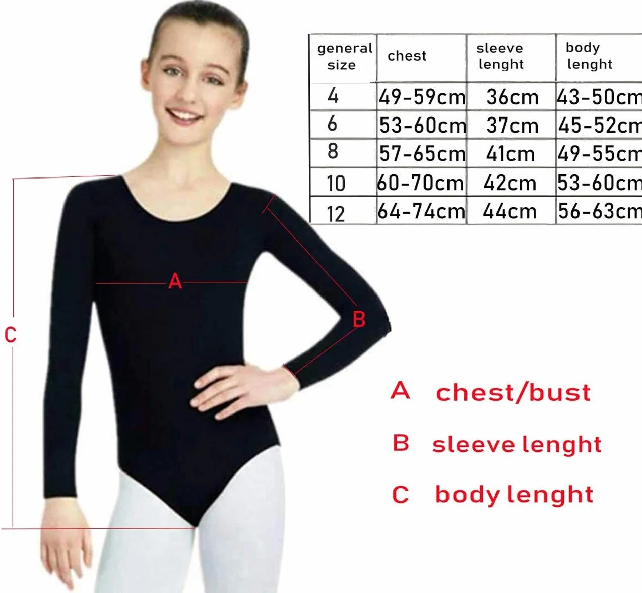 Maillot de Danza Ballet Gimnasia Leotardo Body Clásico Elástico para Niña Manga Larga Cuello Redondo Negro 12 años