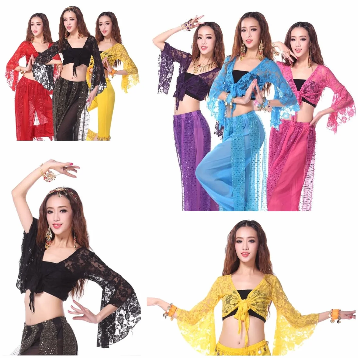 Top de danza del vientre para mujer, top envolvente manga 3/4 acampanada, corto con chal floral y nudo