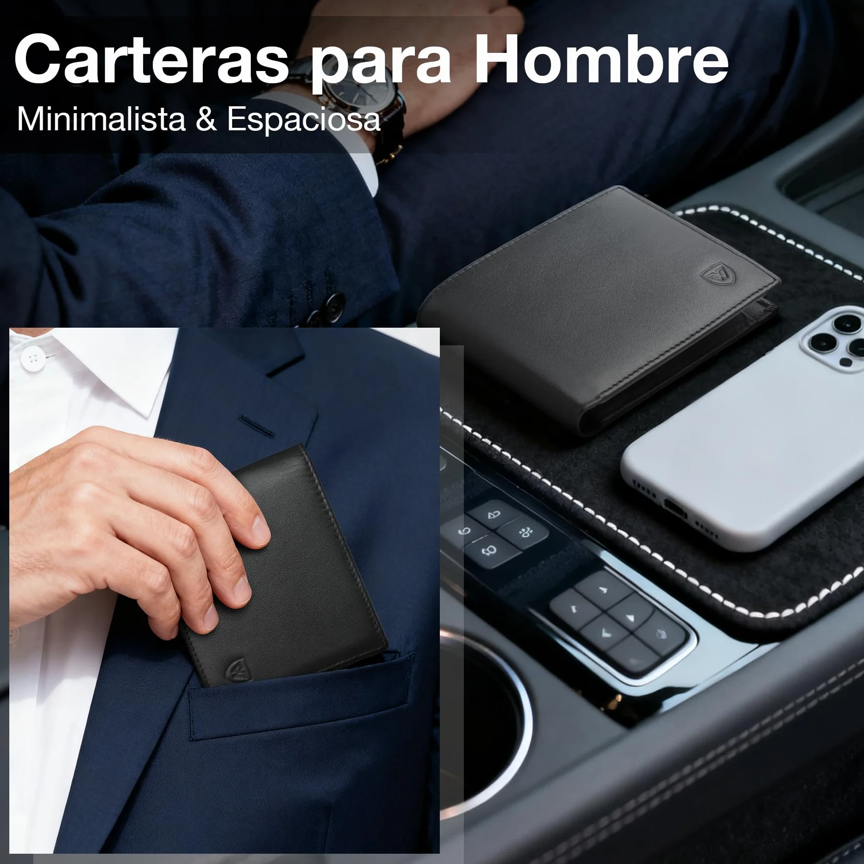 WONSEFOO Cartera Hombre Bifold Delgada con RFID 10 Ranuras Tarjetas Negro