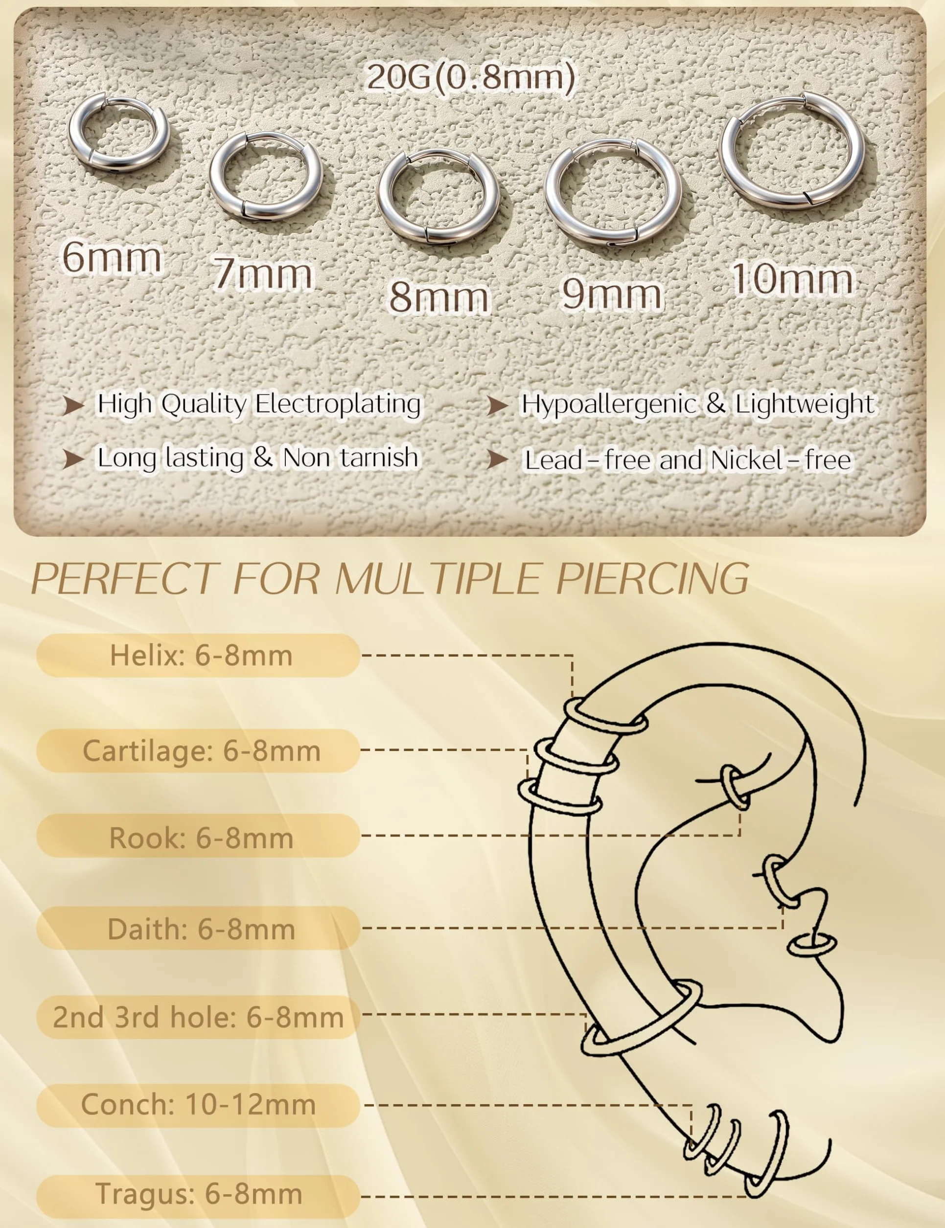 MILACOLATO Pendientes Aro Pequeños Acero Quirúrgico Huggie Cartílago Lóbulos Anillo Nariz Labio Daith Helix Piercing Joyas Hinged 6-10mm