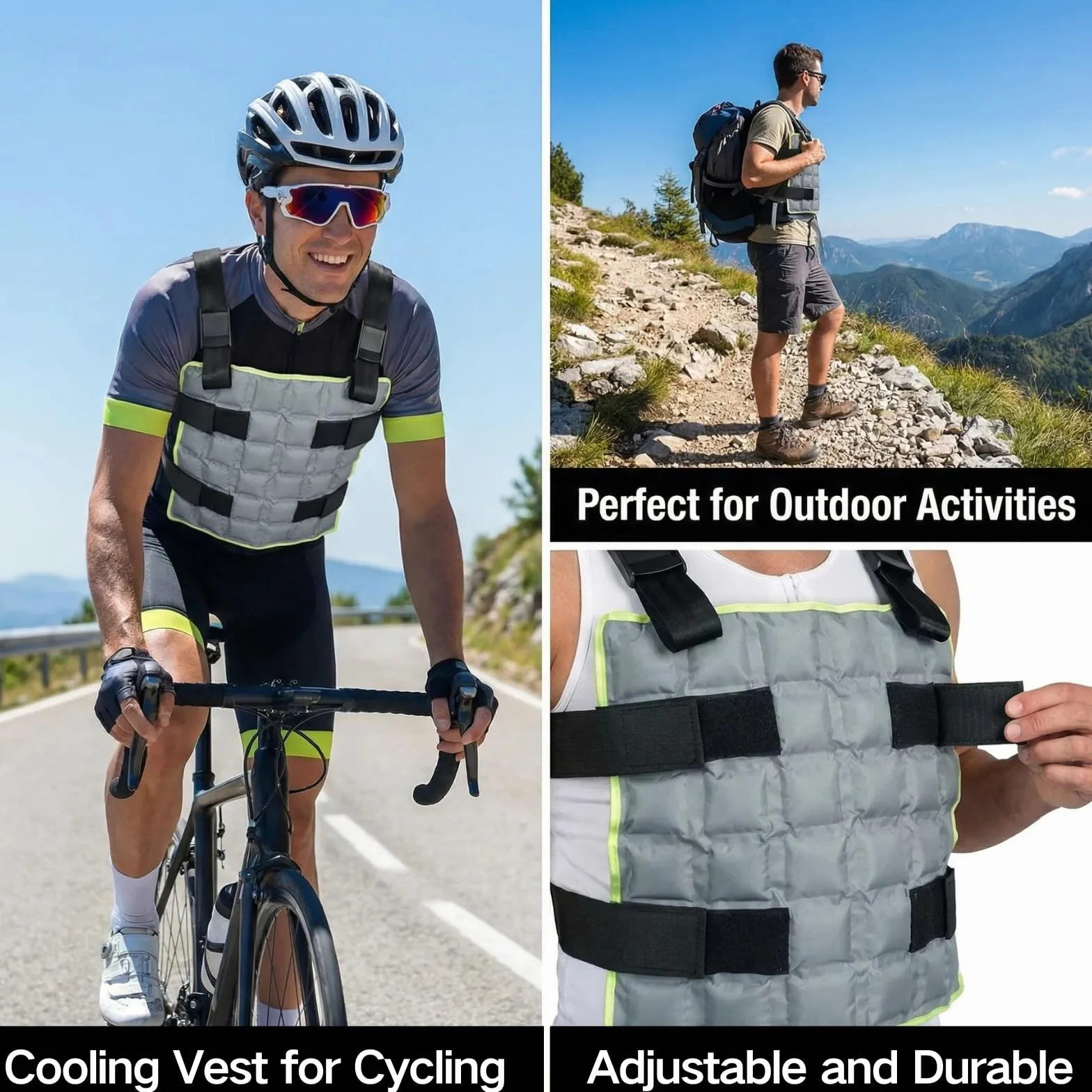 Chaleco de enfriamiento reutilizable con 72 celdas de hielo ajustable para exteriores alivio del calor gris