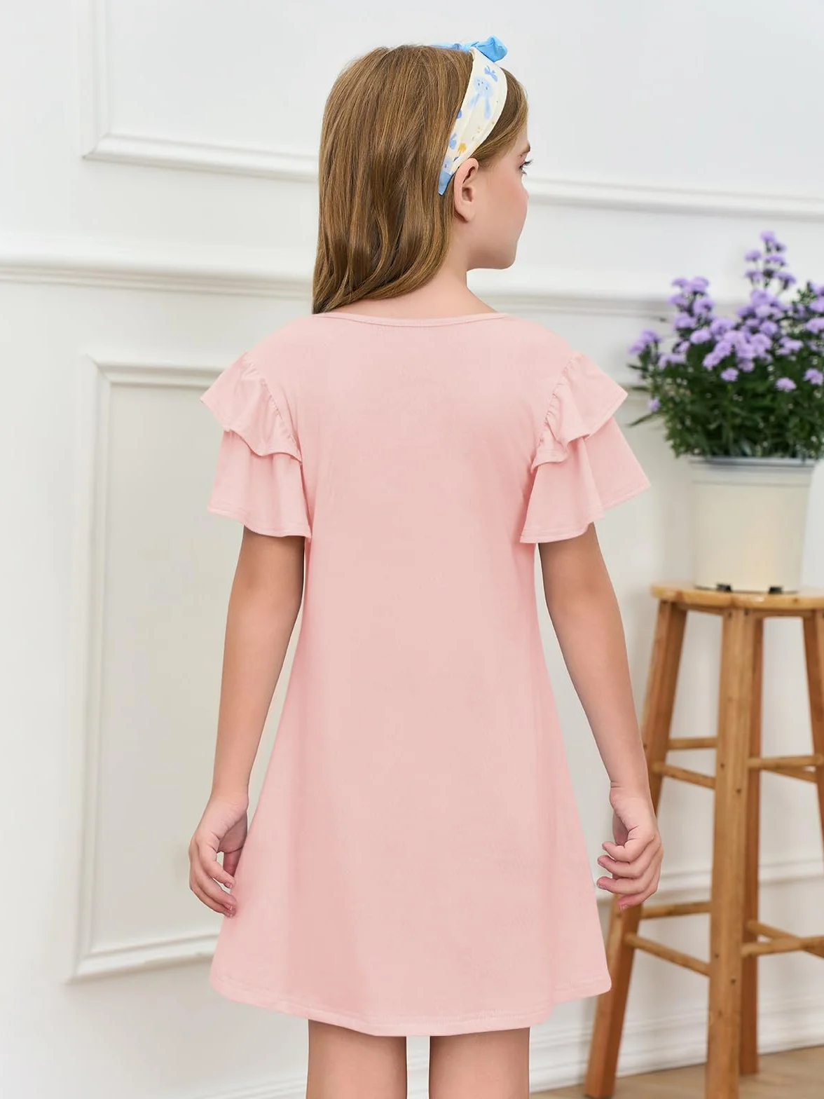 Vestido de niña con mangas con volantes cuello redondo verano línea A monocolor elegante fiesta cumpleaños boda