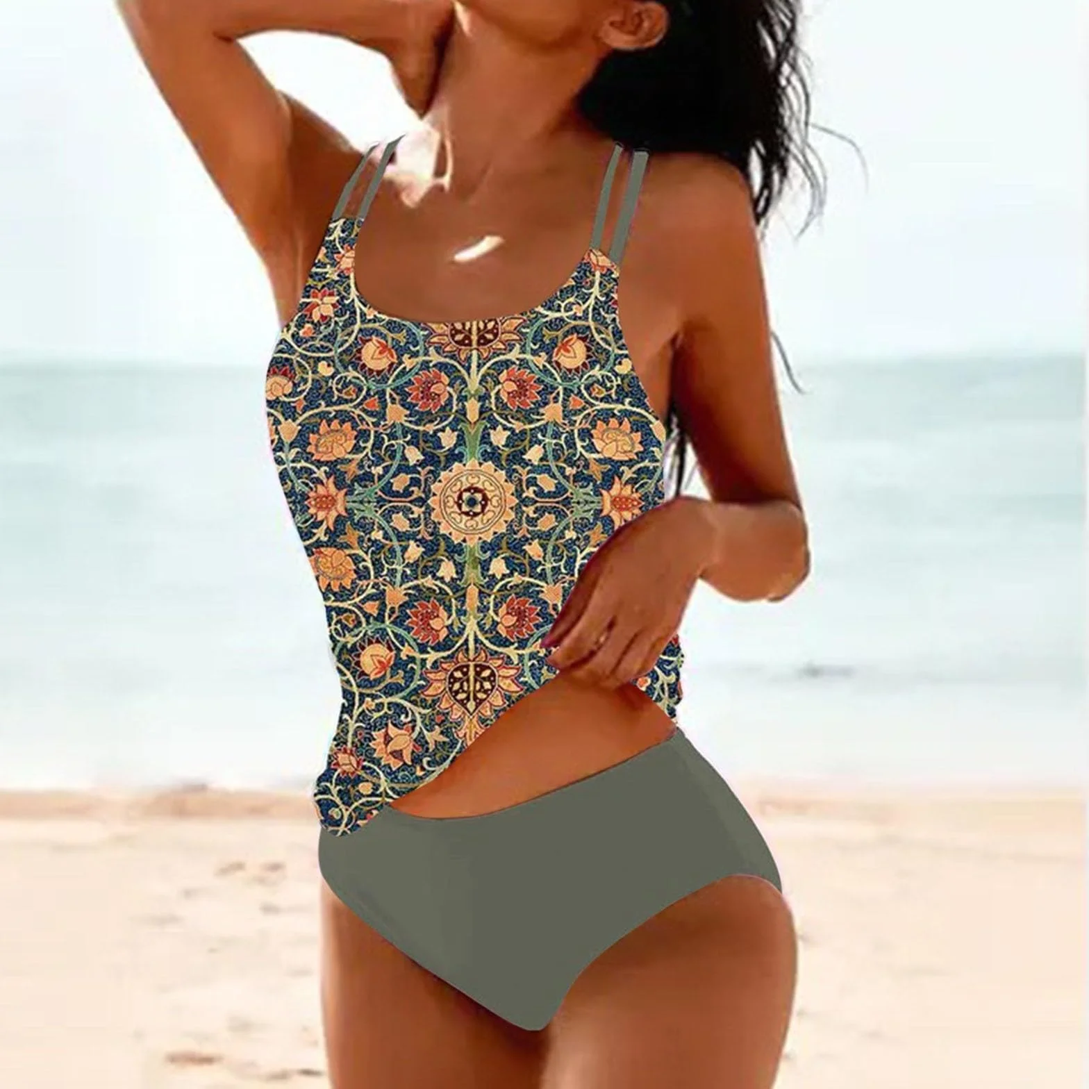 Tankinis Traje De Baño Mujer Dos Piezas Flores Impresión Swimwear Sujetador Acolchado Doble Volantes Triángulo De Copa con Tirantes De Espagueti