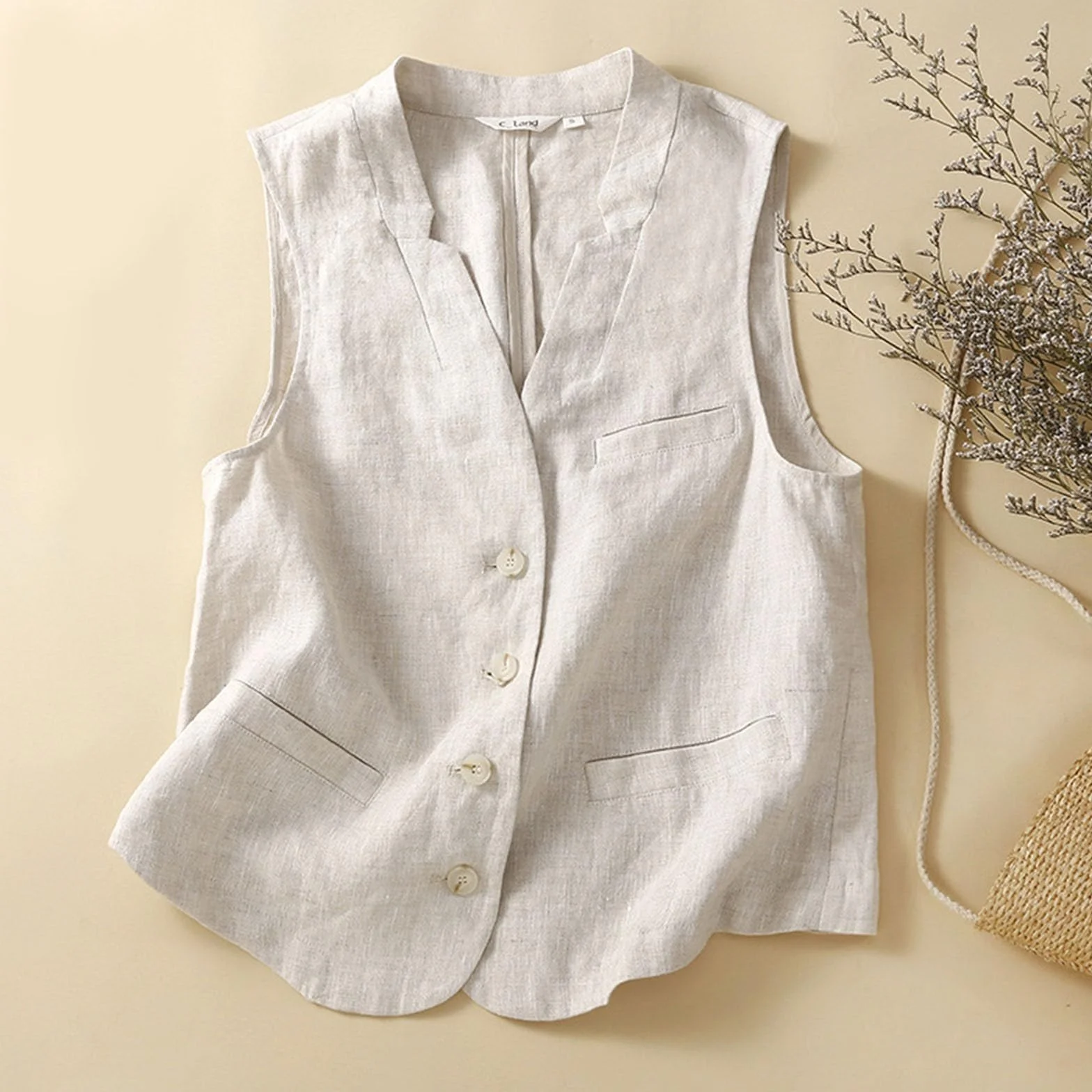 Chaleco de lino y algodón para mujer cuello en V cárdigan exterior casual