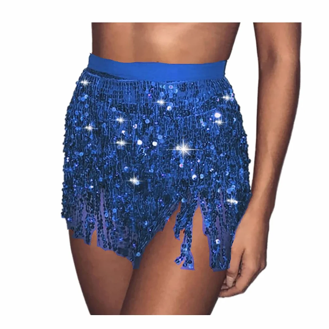 Falda de danza del vientre con lentejuelas para mujer, cinturón de cadera, borla, bufanda, disfraz rave (azul real)