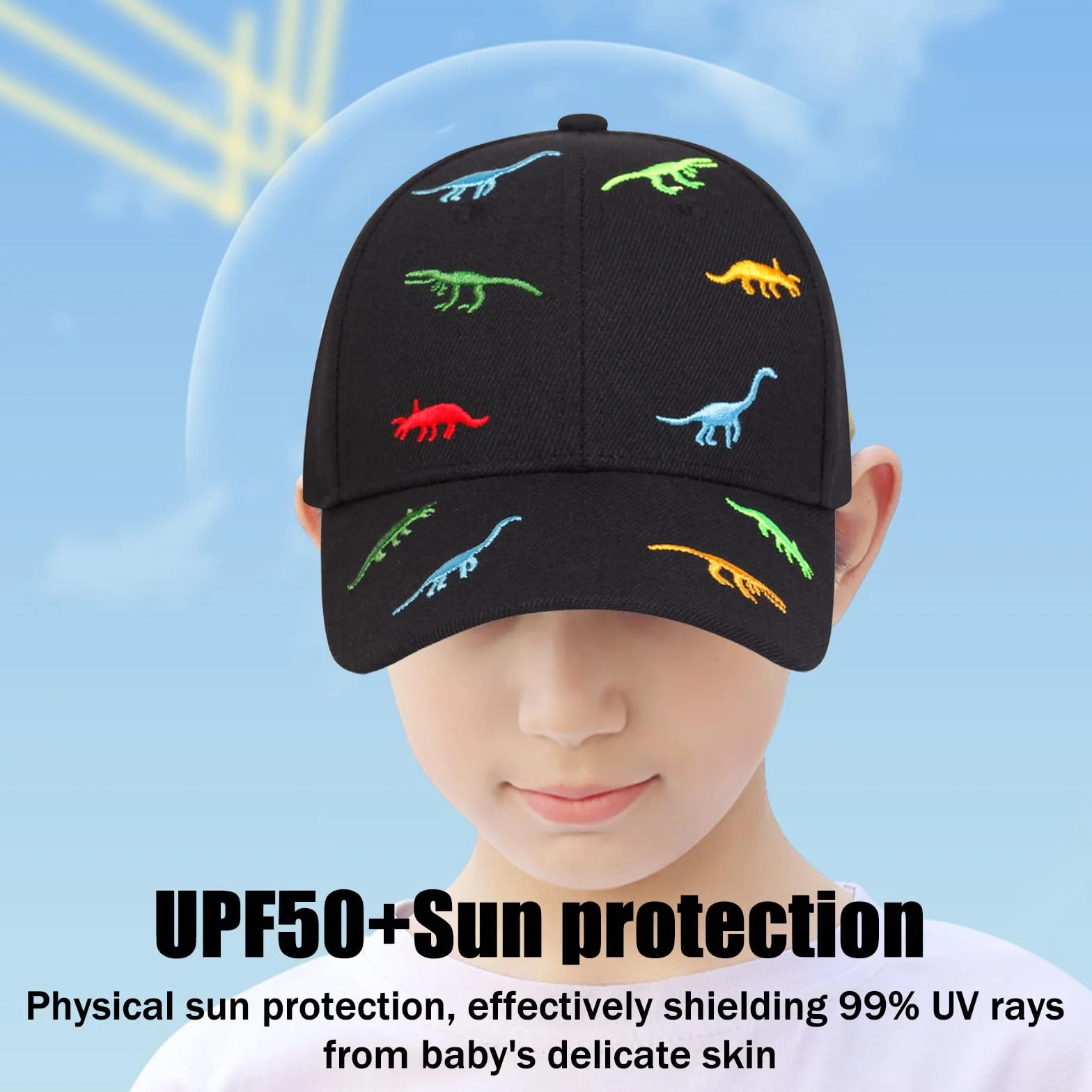 Gorra de Béisbol Niños Dinosaurio Ajustable Protección UV 3-8 Años