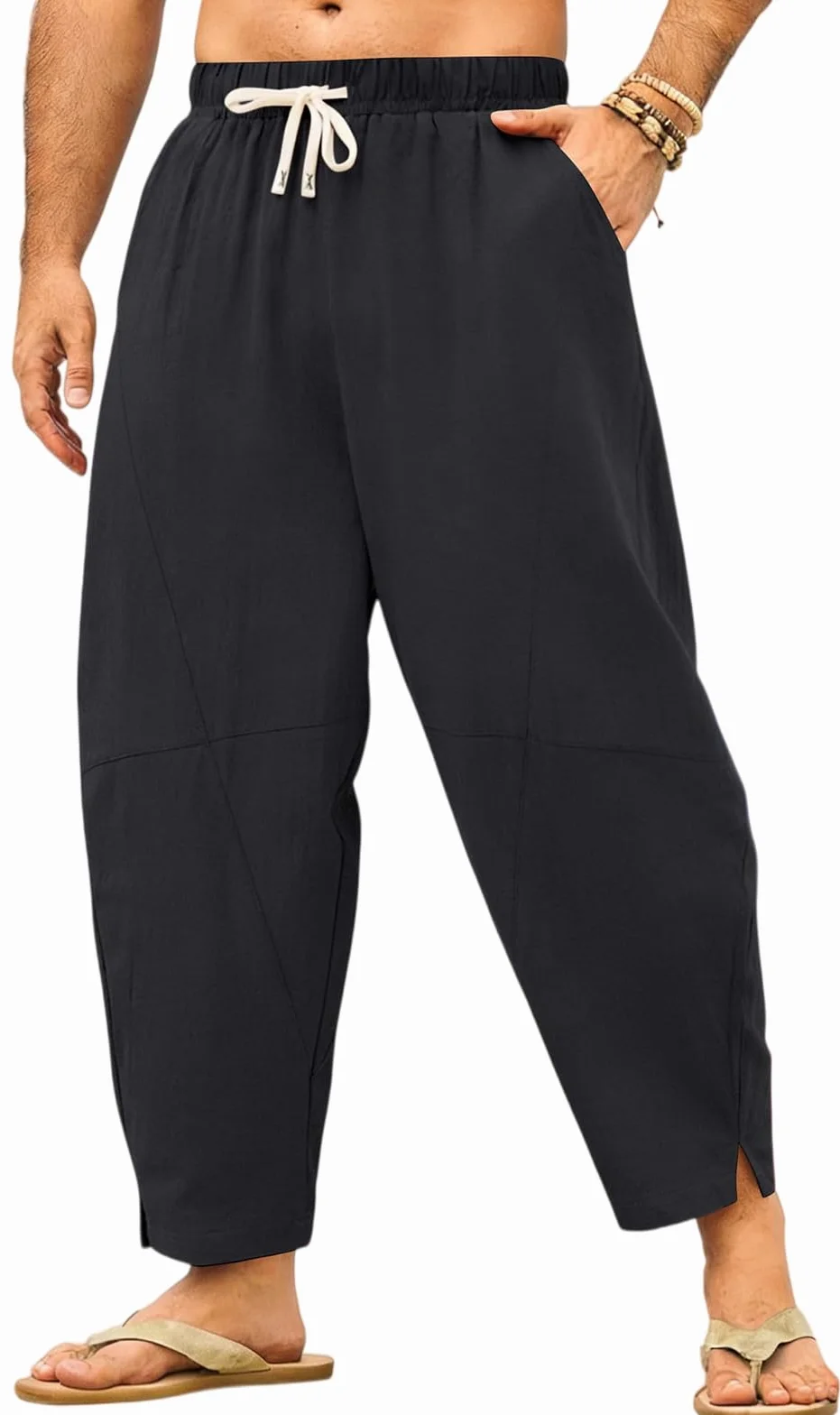 Pantalón de Lino y Algodón para Hombre Harén Curvo Bolsillos Baggy Casual Tiro Bajo Streetwear Verano
