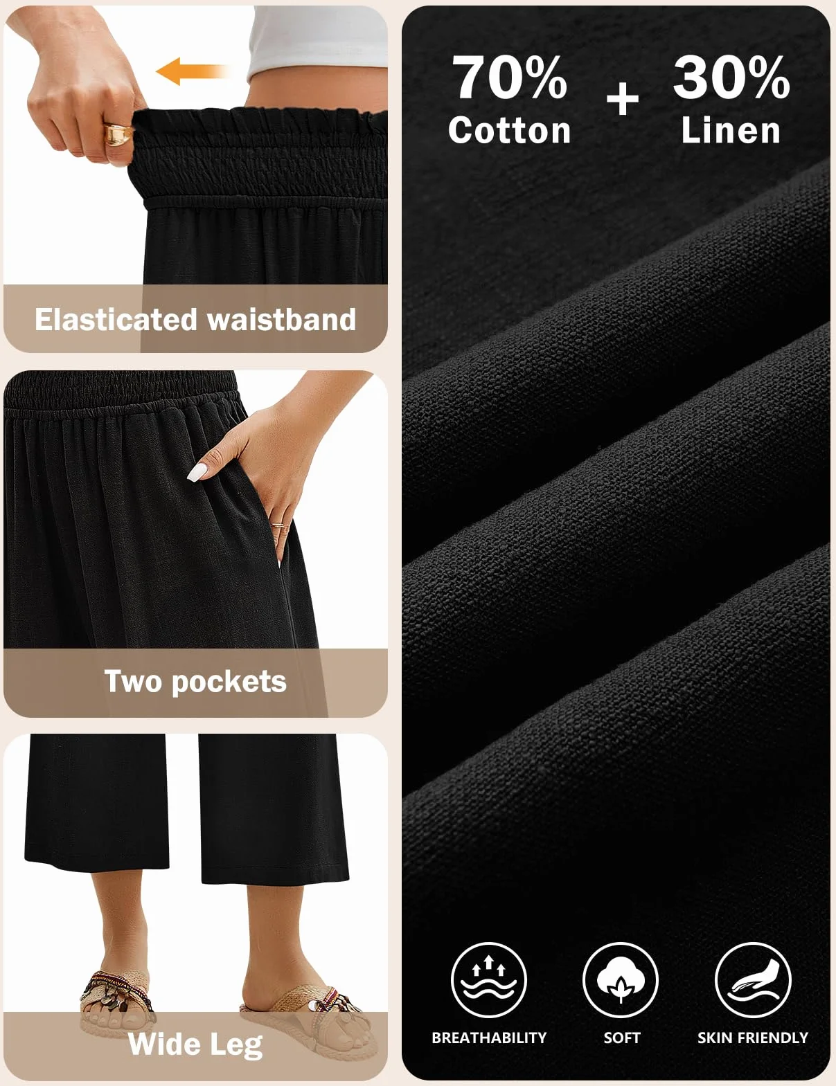 Pantalones Lino Mujer 3/4 Verano Anchos Algodón Alta Cintura Elásticos con Bolsillos