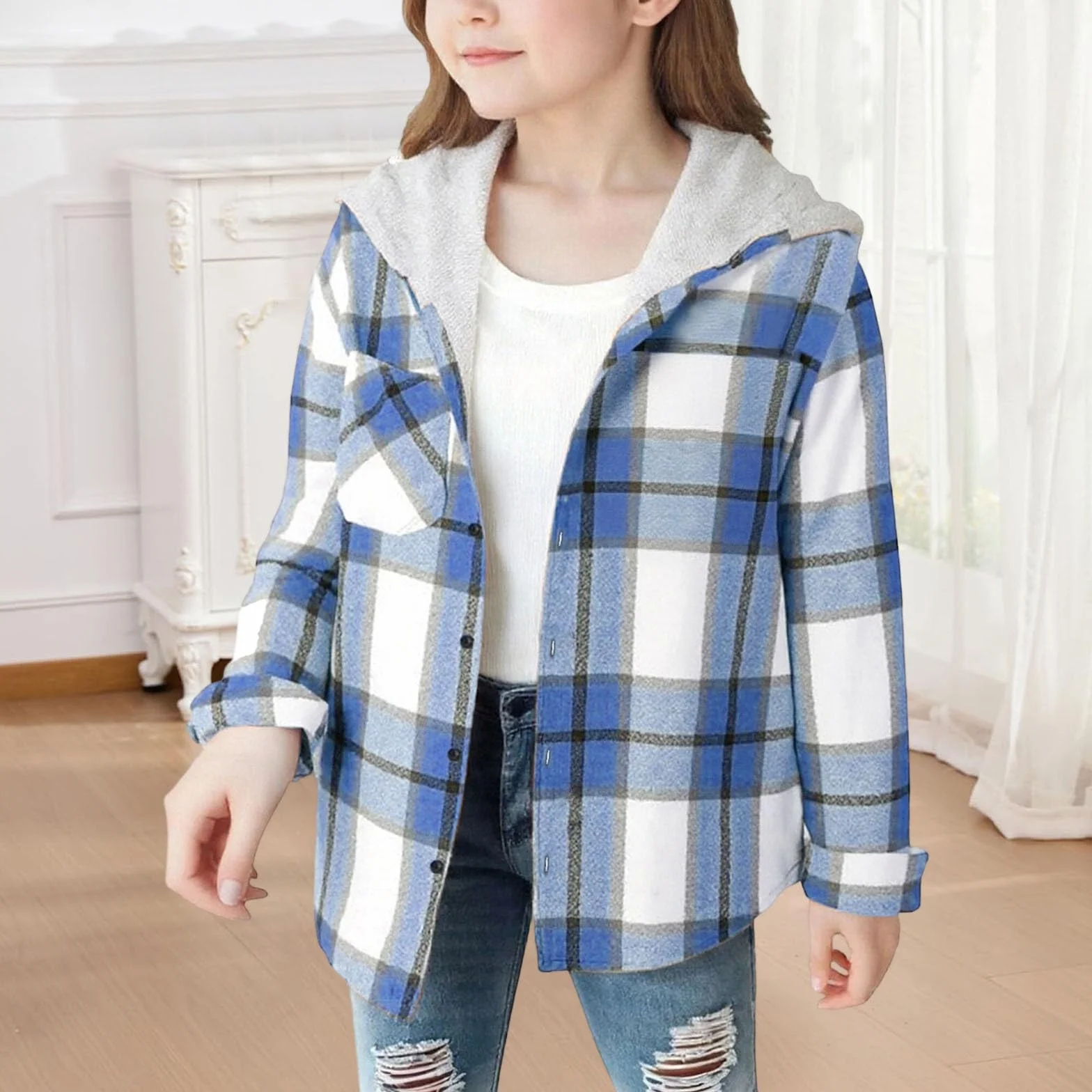 Generisch Chaqueta de camisa con capucha a cuadros para niña - Camisa de franela informal para entretiempo