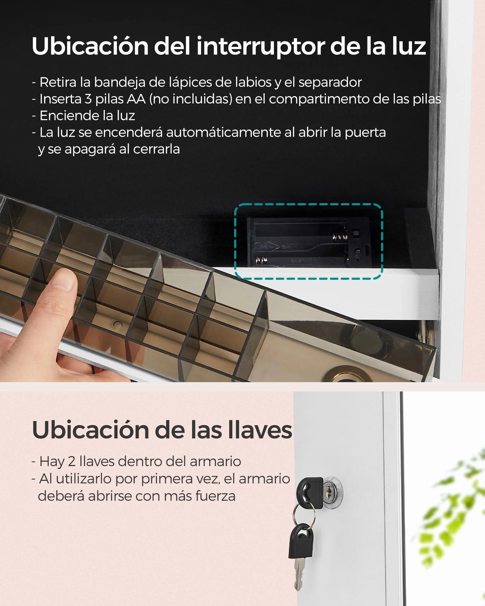 SONGMICS Armario Joyero con Espejo, Luces LED, 2 Cajones, Blanco Nube JJC023W01