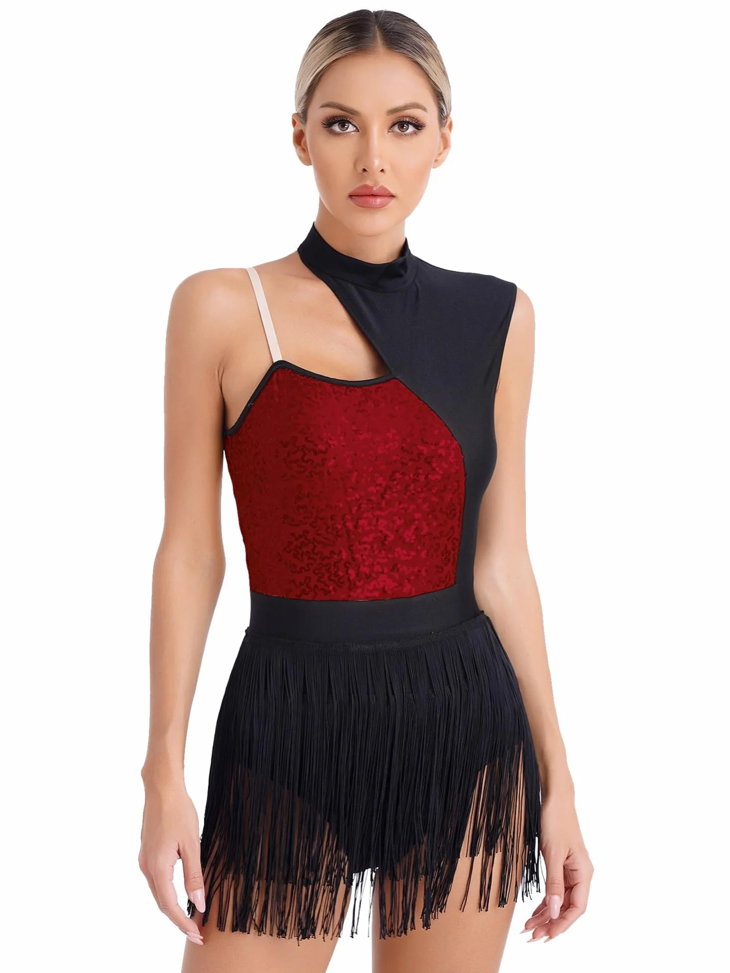 IEFIEL Vestido de Danza Lentejuelas con Flecos sin Manga para Mujer Maillot de Baile Latino Tango S-XXL