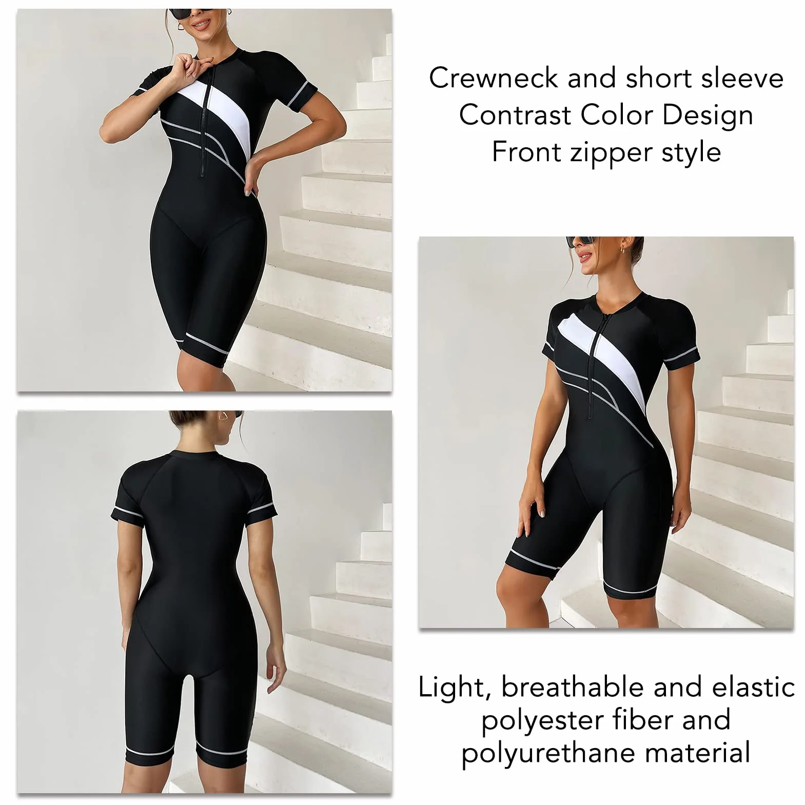 Traje de Neopreno Corto Mujer Buceo Cuello Redondo Negro Manga Corta Cremallera Frontal