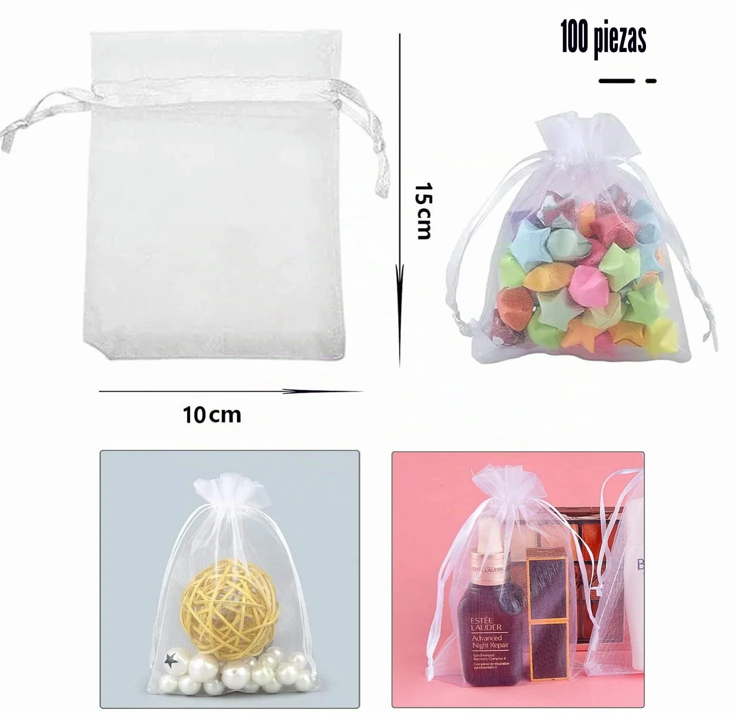 Intckwan 100 bolsas de organza blancas de 10 x 15 cm, bolsas de organza para regalo, joyas para bodas, fiestas, festivales, fiestas y bodas, cordón de satén