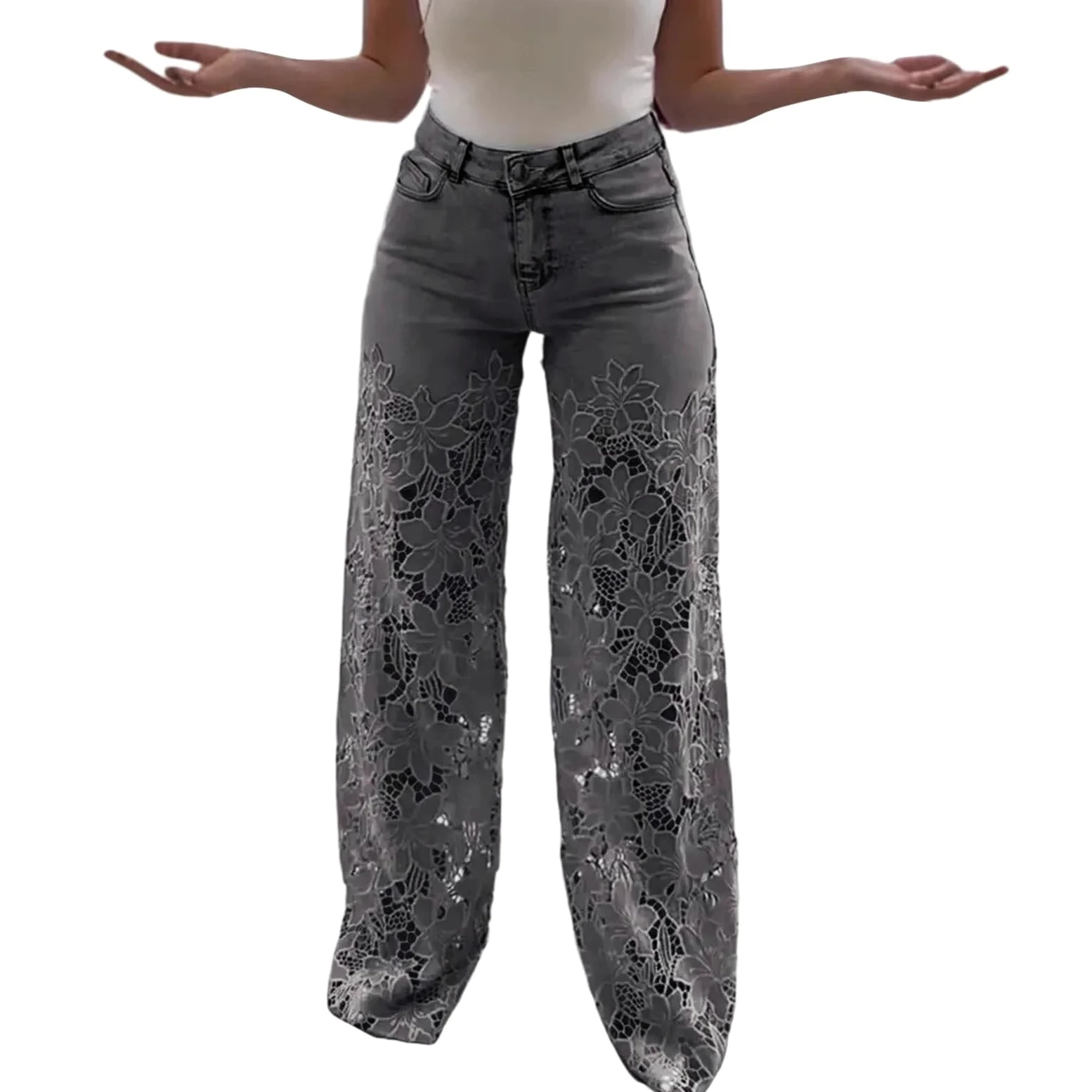 Pantalones De Verano Mujer Anchos, Pantalones Vaqueros Mujer Deporte, Ajustados EláSticos Cintura Alta con Ribete Encaje CóModos Y Calados Vacaciones Informales Pantalón Deportivo Pantalon