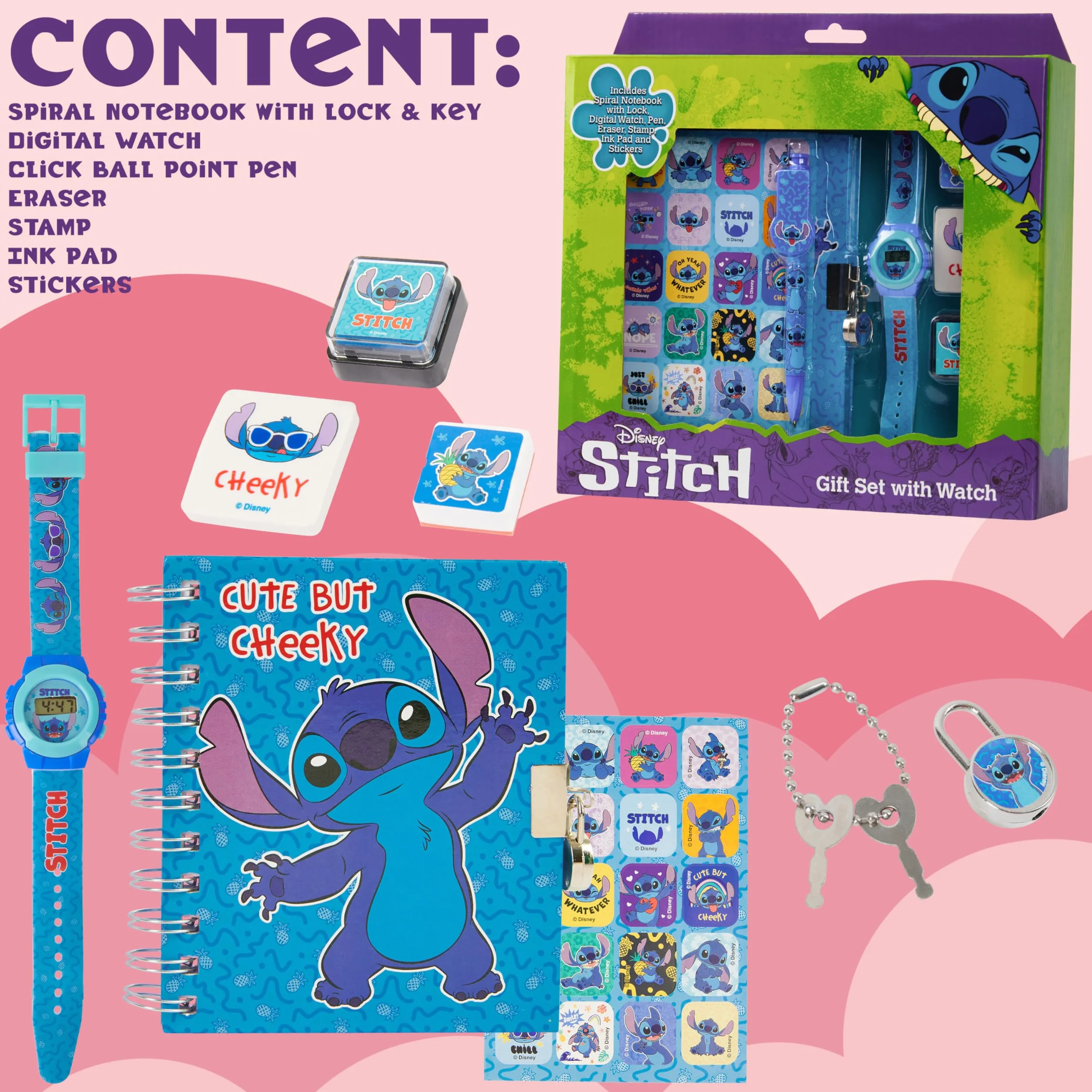 Disney Stitch Set de Regalo con Reloj Digital, Diario con Candado y Boligrafo
